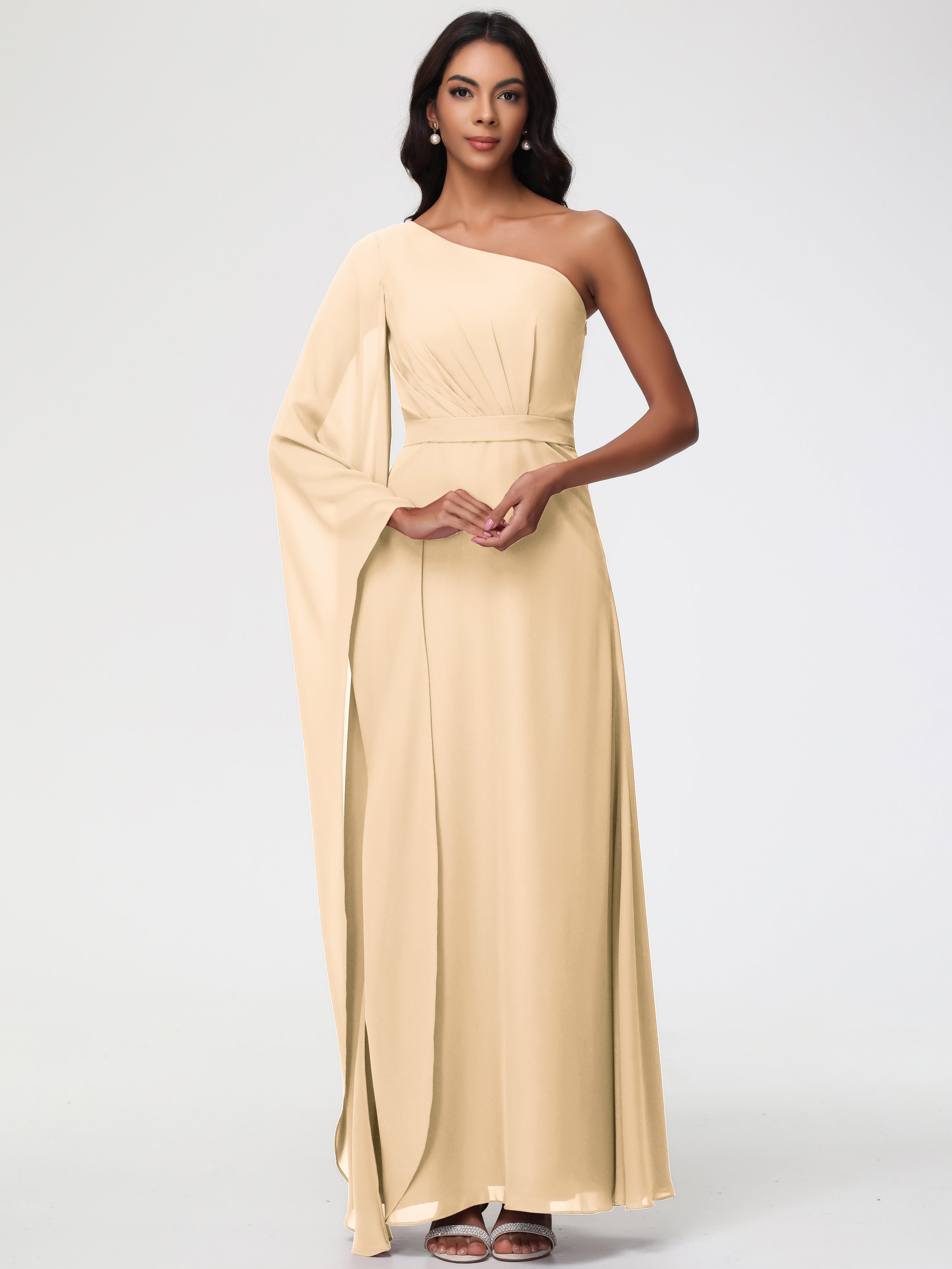 Robe Demoiselle D Honneur Couleur Peche Seule-Épaule Manches Asymétriques Mousseline Robe Demoiselle D'Honneur