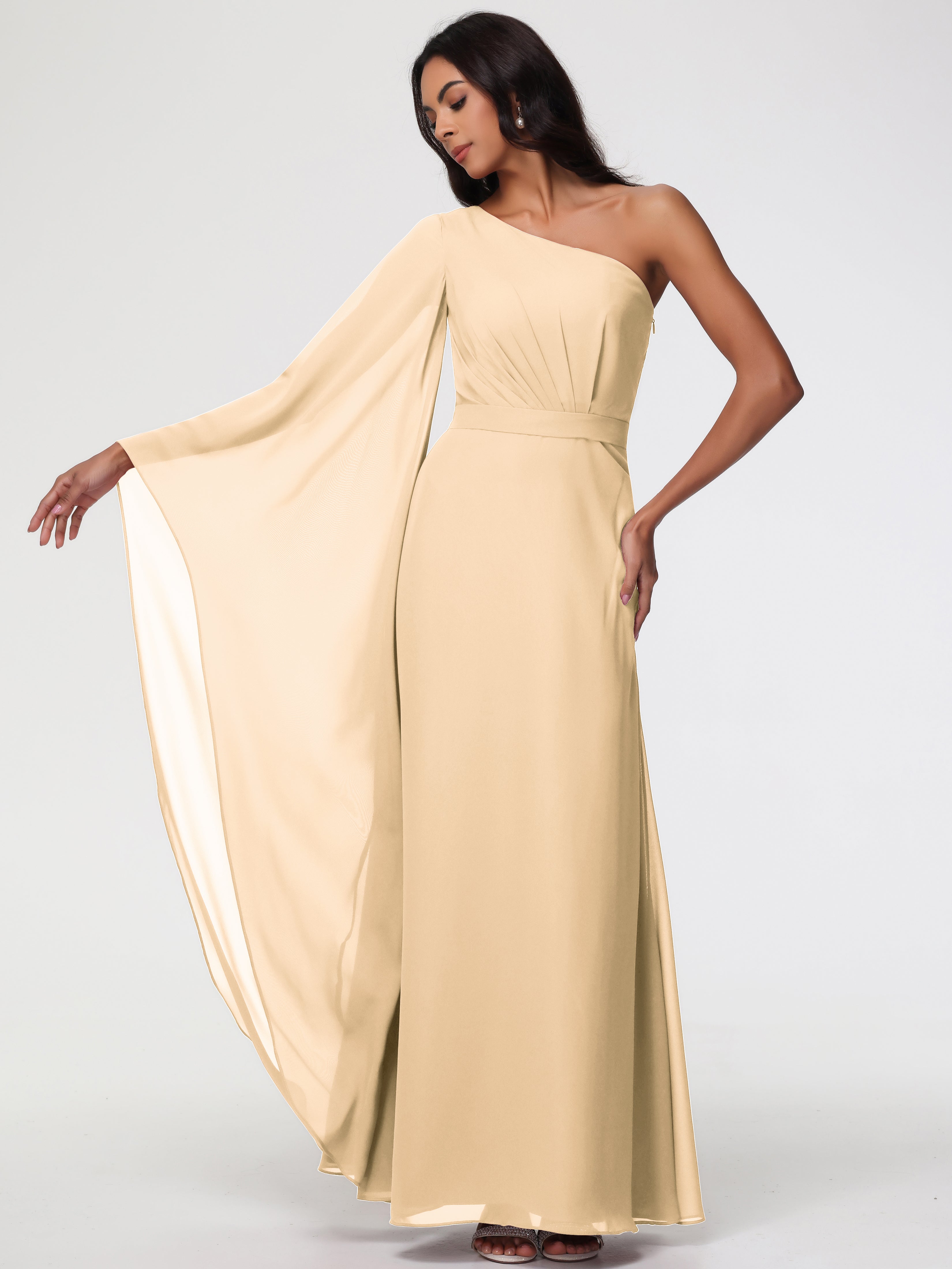 Robe Demoiselle D Honneur Couleur Peche Seule-Épaule Manches Asymétriques Mousseline Robe Demoiselle D'Honneur