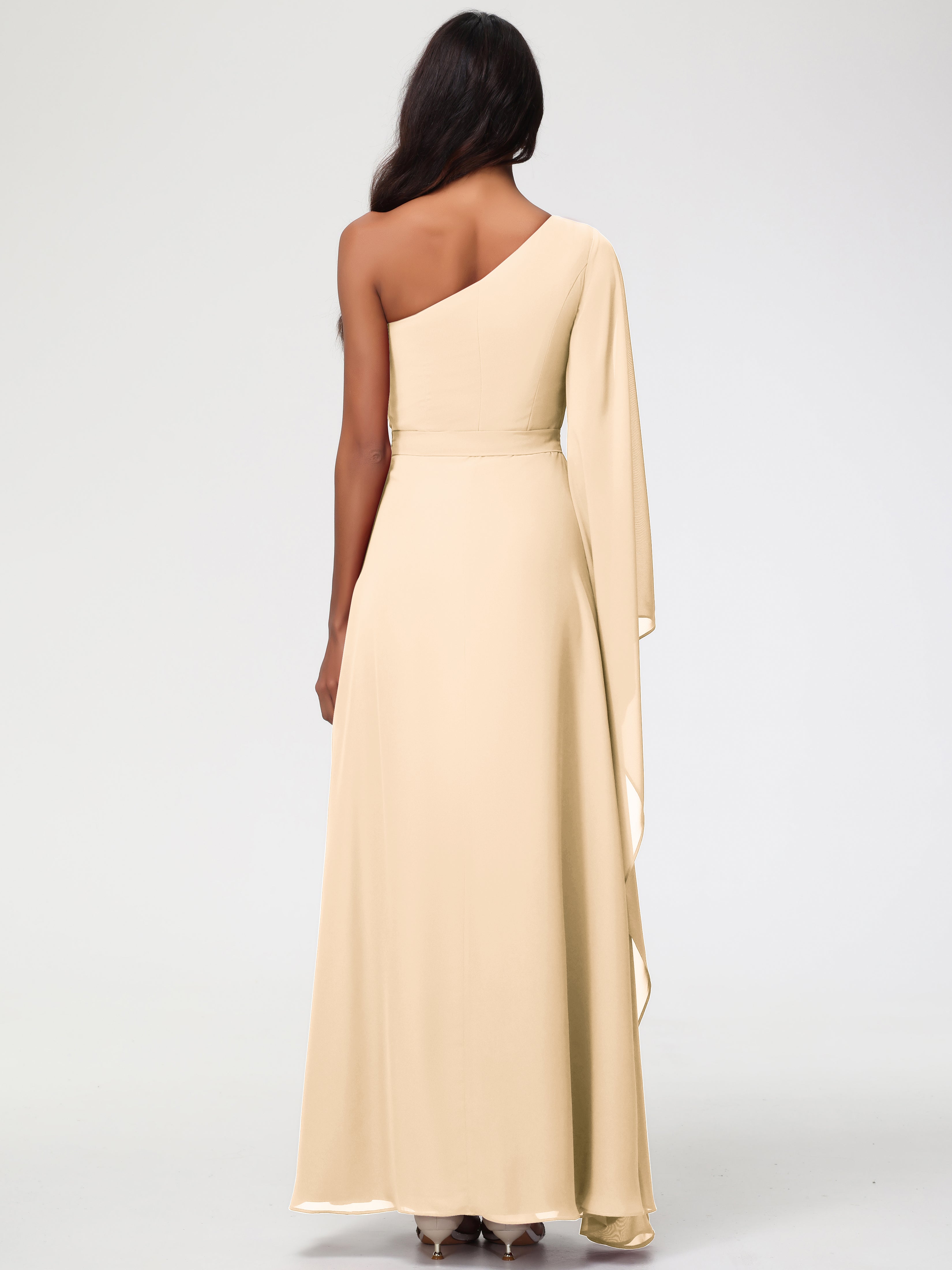 Robe Demoiselle D Honneur Couleur Peche Seule-Épaule Manches Asymétriques Mousseline Robe Demoiselle D'Honneur