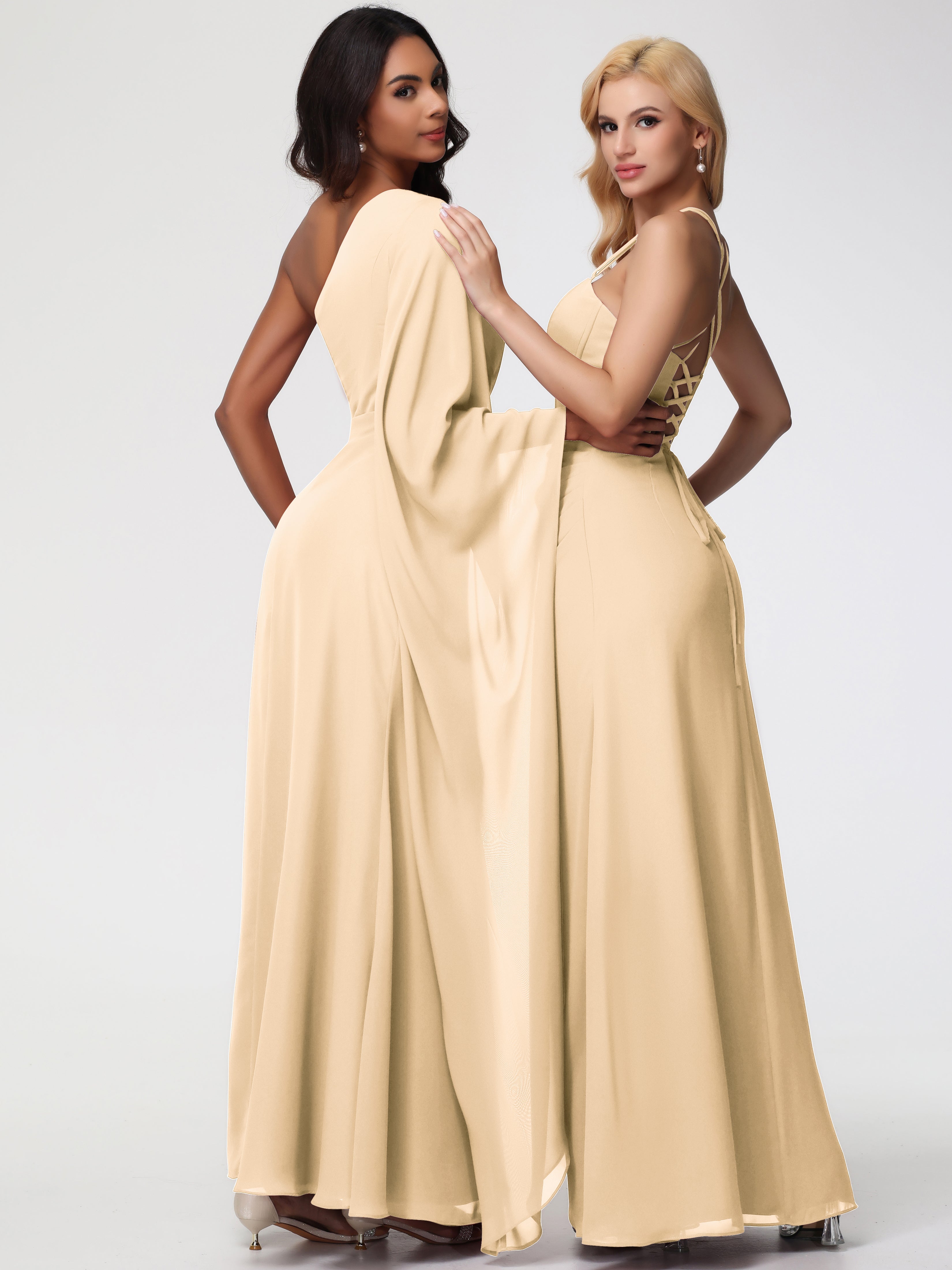 Robe Demoiselle D Honneur Couleur Peche Seule-Épaule Manches Asymétriques Mousseline Robe Demoiselle D'Honneur