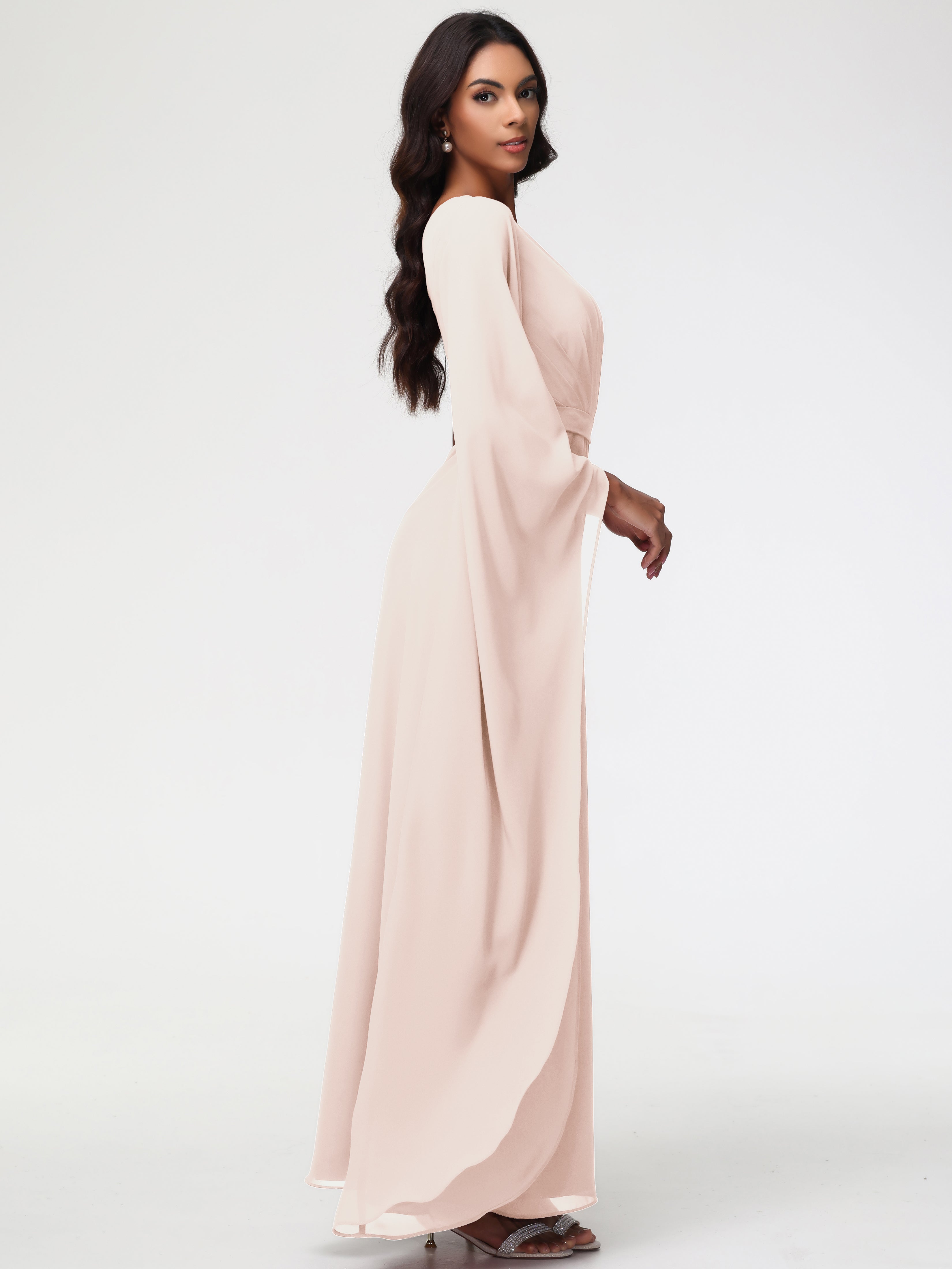 Robe De Demoiselle D'Honneur En Perles Seule-Épaule Manches Asymétriques Mousseline Robe Demoiselle D'Honneur