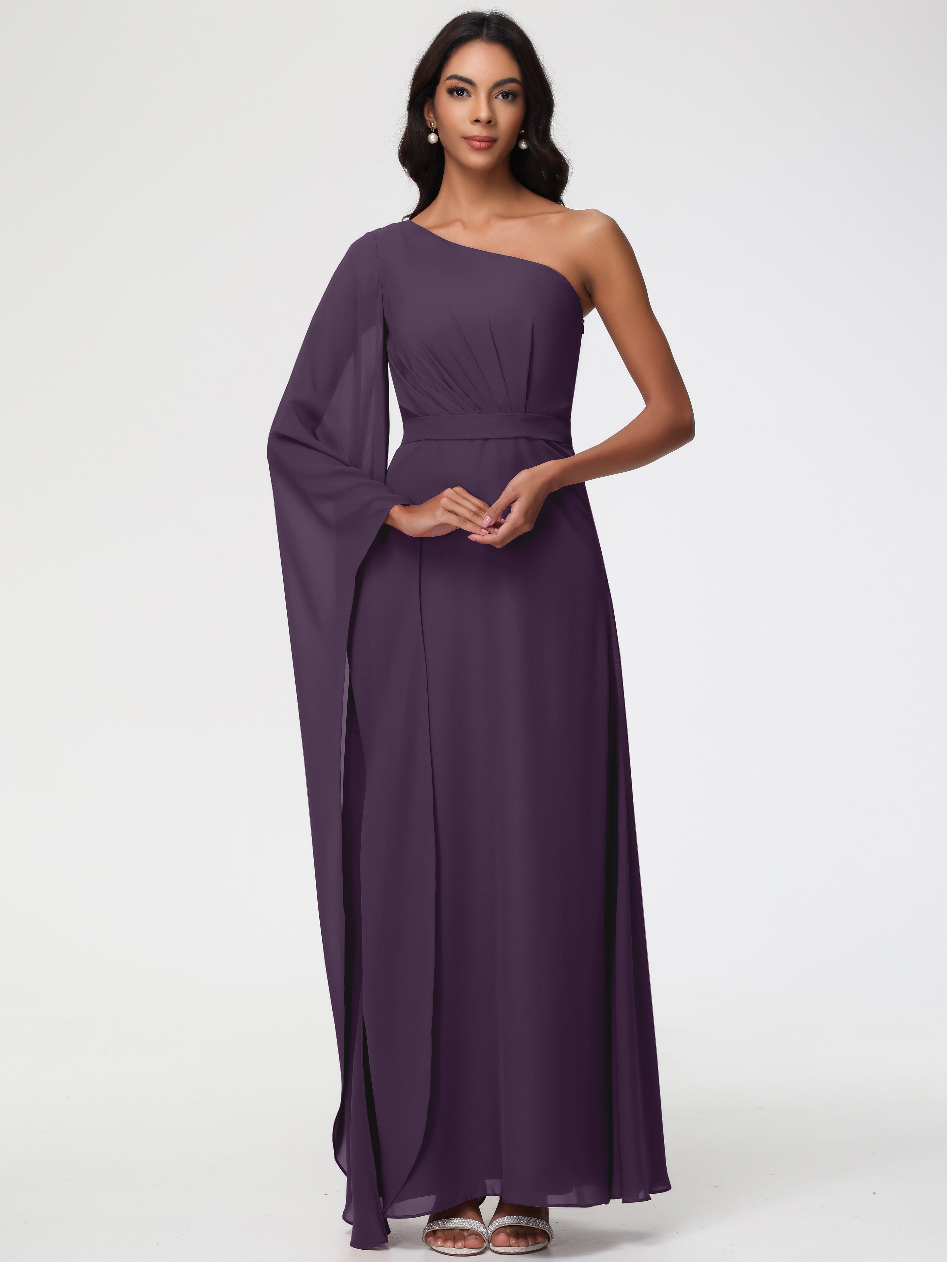 Robe De Demoiselle D'Honneur En Plum Seule-Épaule Manches Asymétriques Mousseline Robe Demoiselle D'Honneur