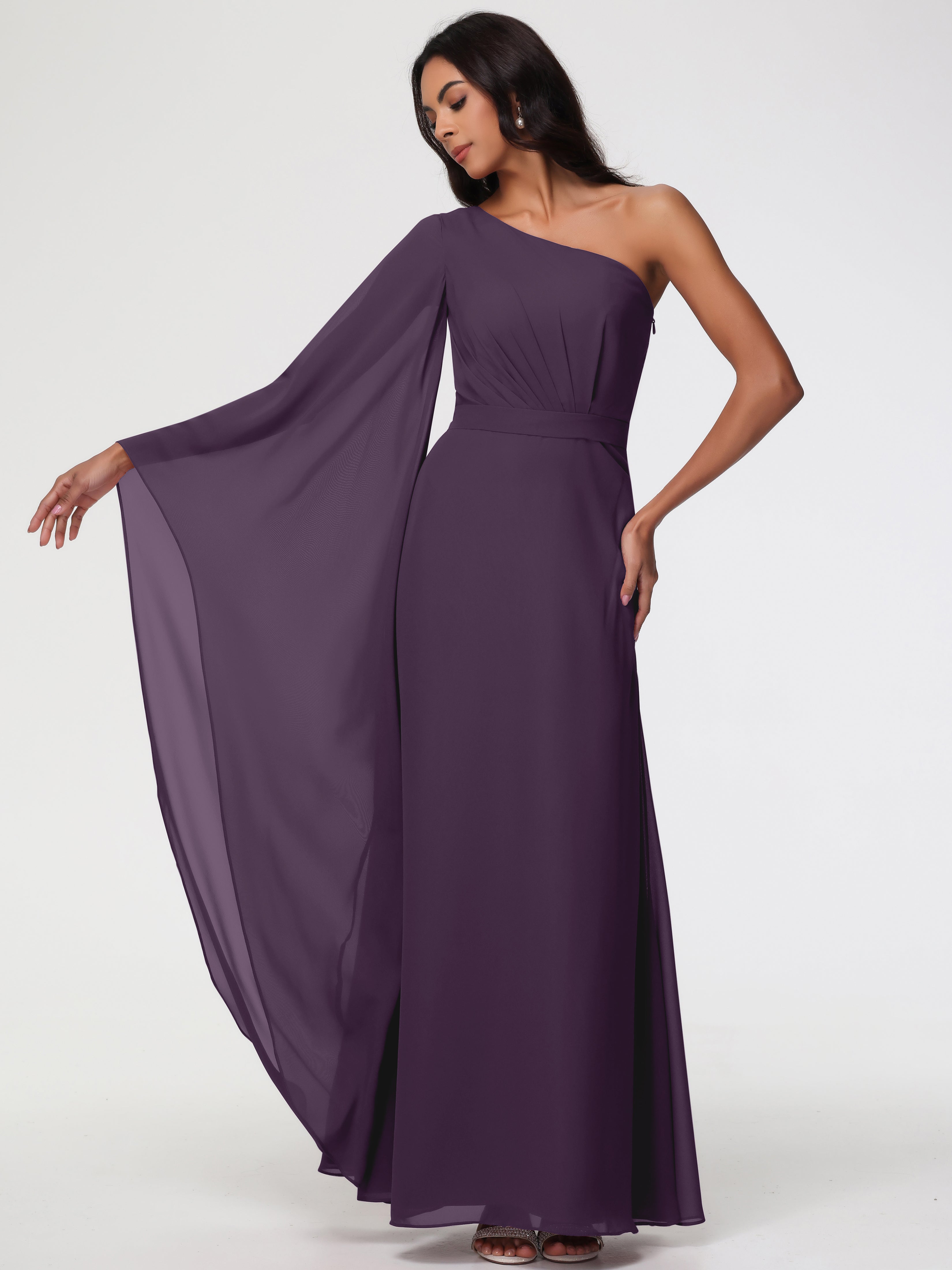 Robe De Demoiselle D'Honneur En Plum Seule-Épaule Manches Asymétriques Mousseline Robe Demoiselle D'Honneur