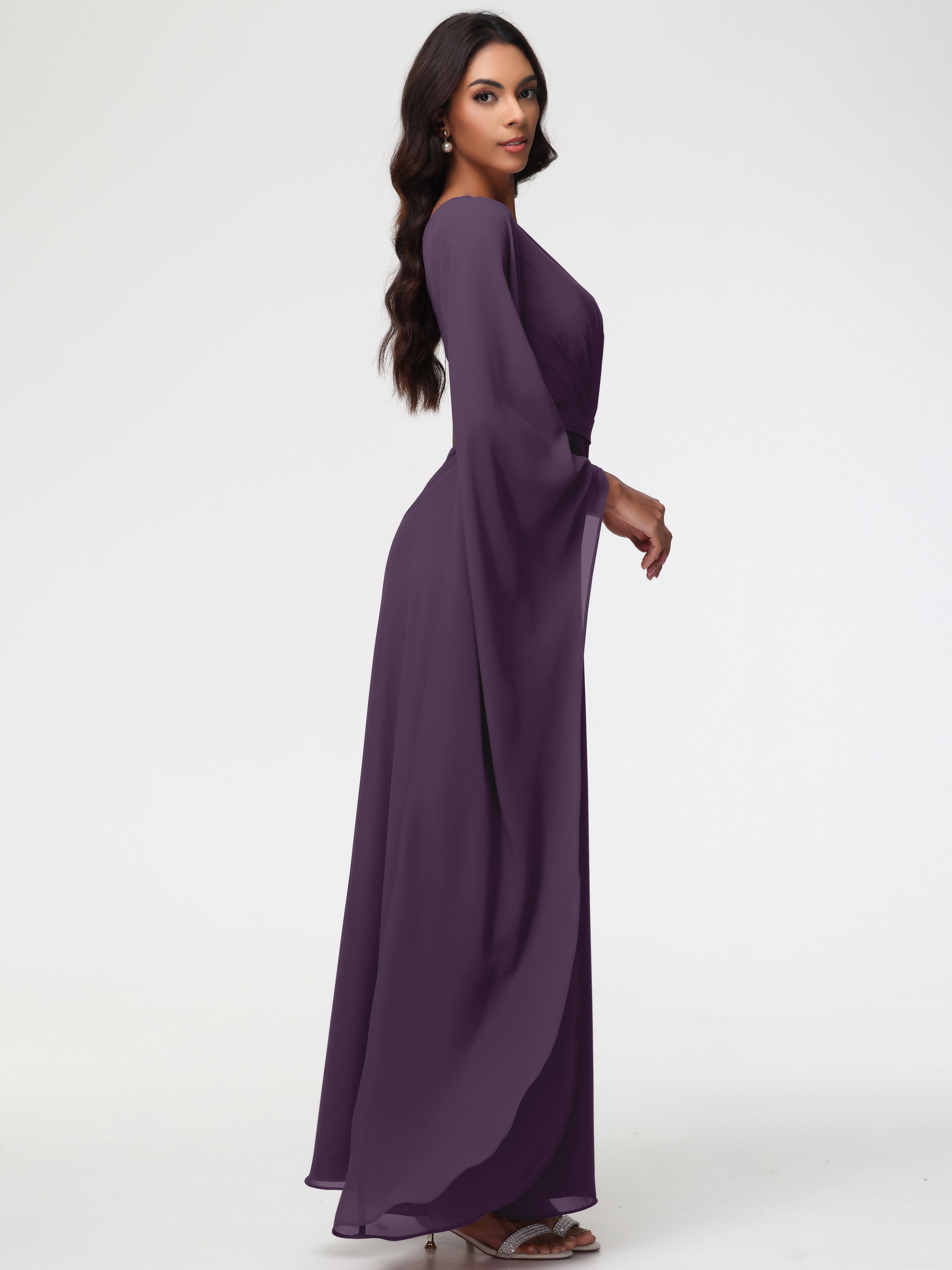 Robe De Demoiselle D'Honneur En Plum Seule-Épaule Manches Asymétriques Mousseline Robe Demoiselle D'Honneur