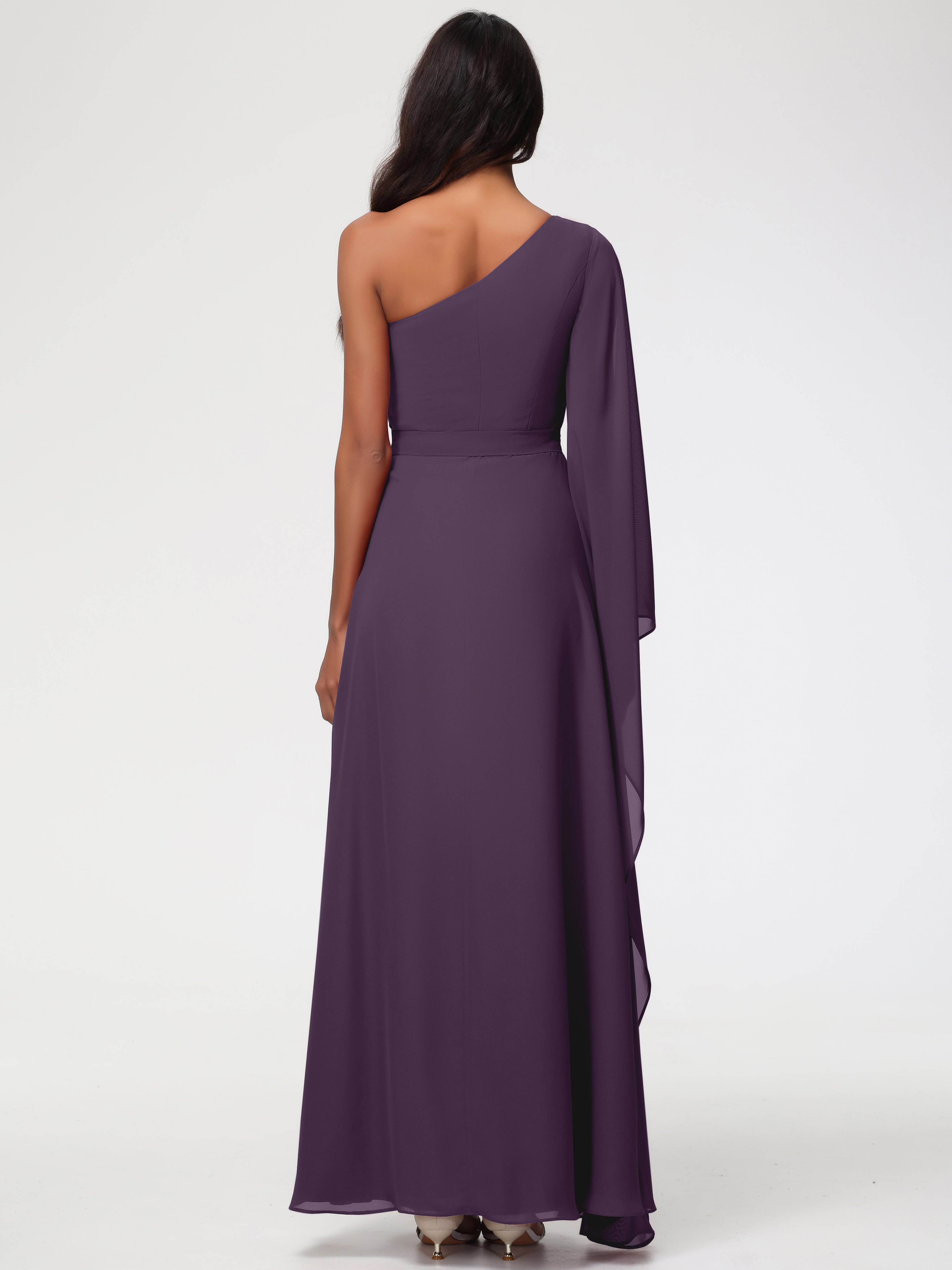 Robe De Demoiselle D'Honneur En Plum Seule-Épaule Manches Asymétriques Mousseline Robe Demoiselle D'Honneur