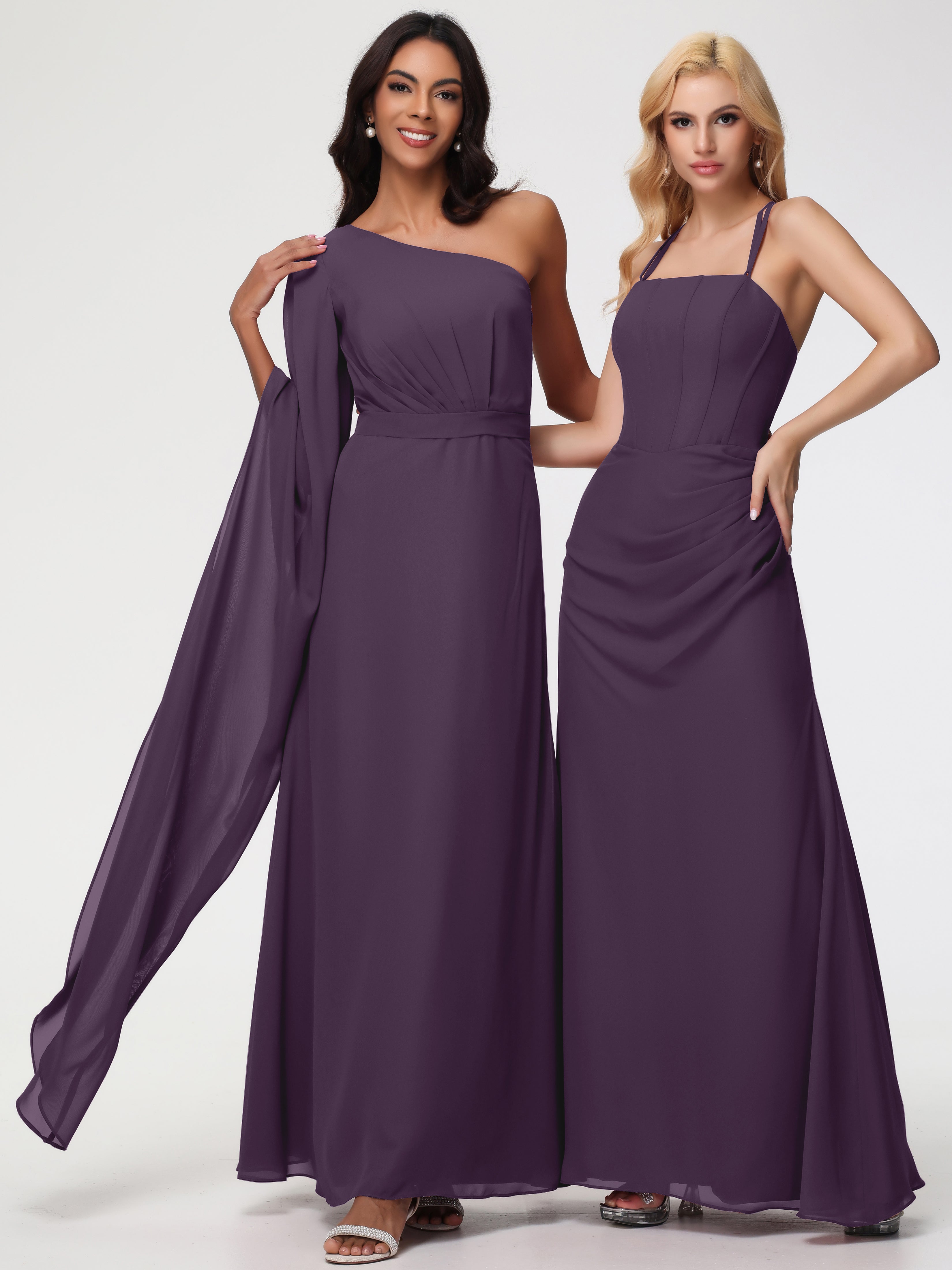 Robe De Demoiselle D'Honneur En Plum Seule-Épaule Manches Asymétriques Mousseline Robe Demoiselle D'Honneur