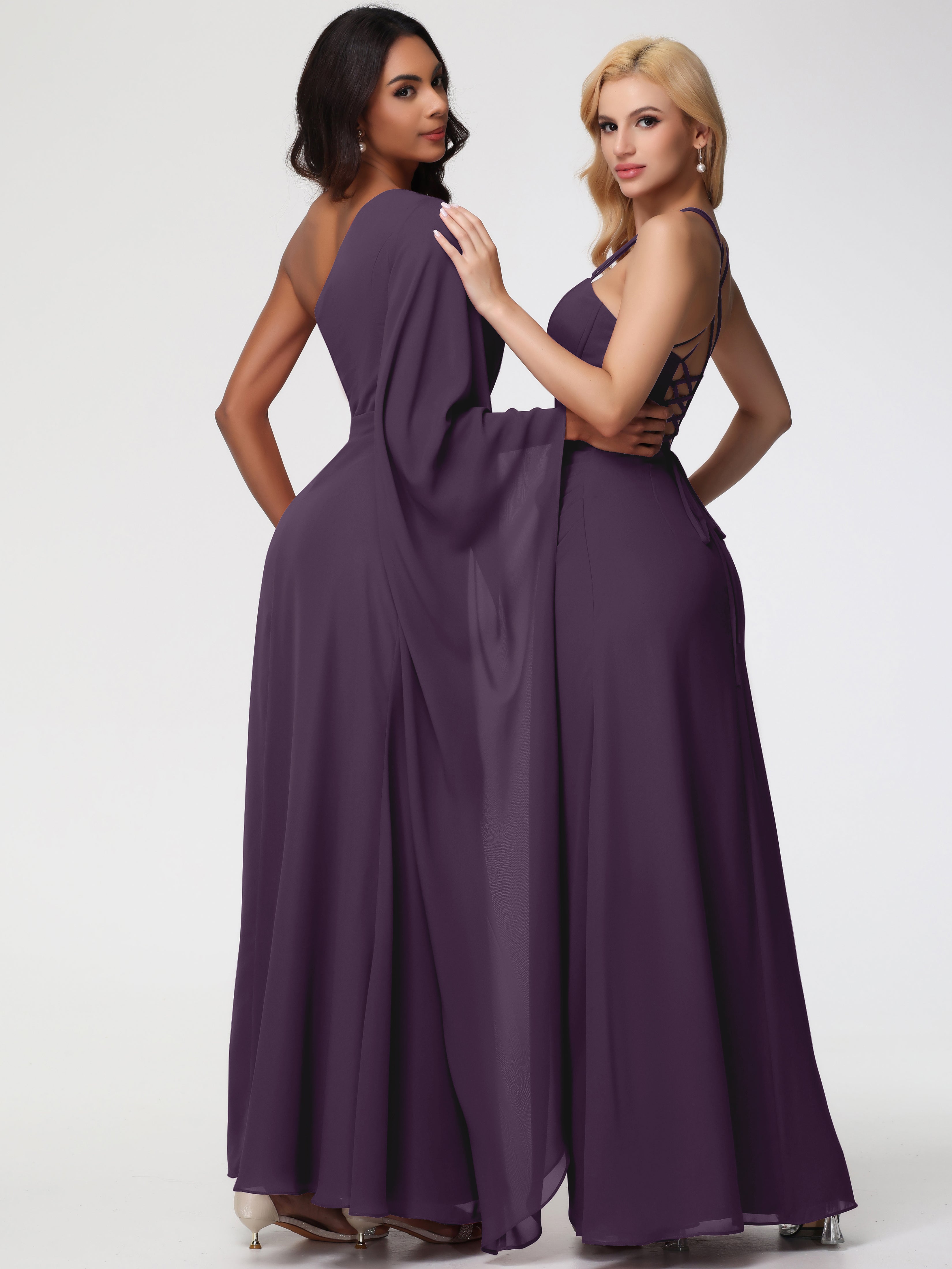 Robe De Demoiselle D'Honneur En Plum Seule-Épaule Manches Asymétriques Mousseline Robe Demoiselle D'Honneur