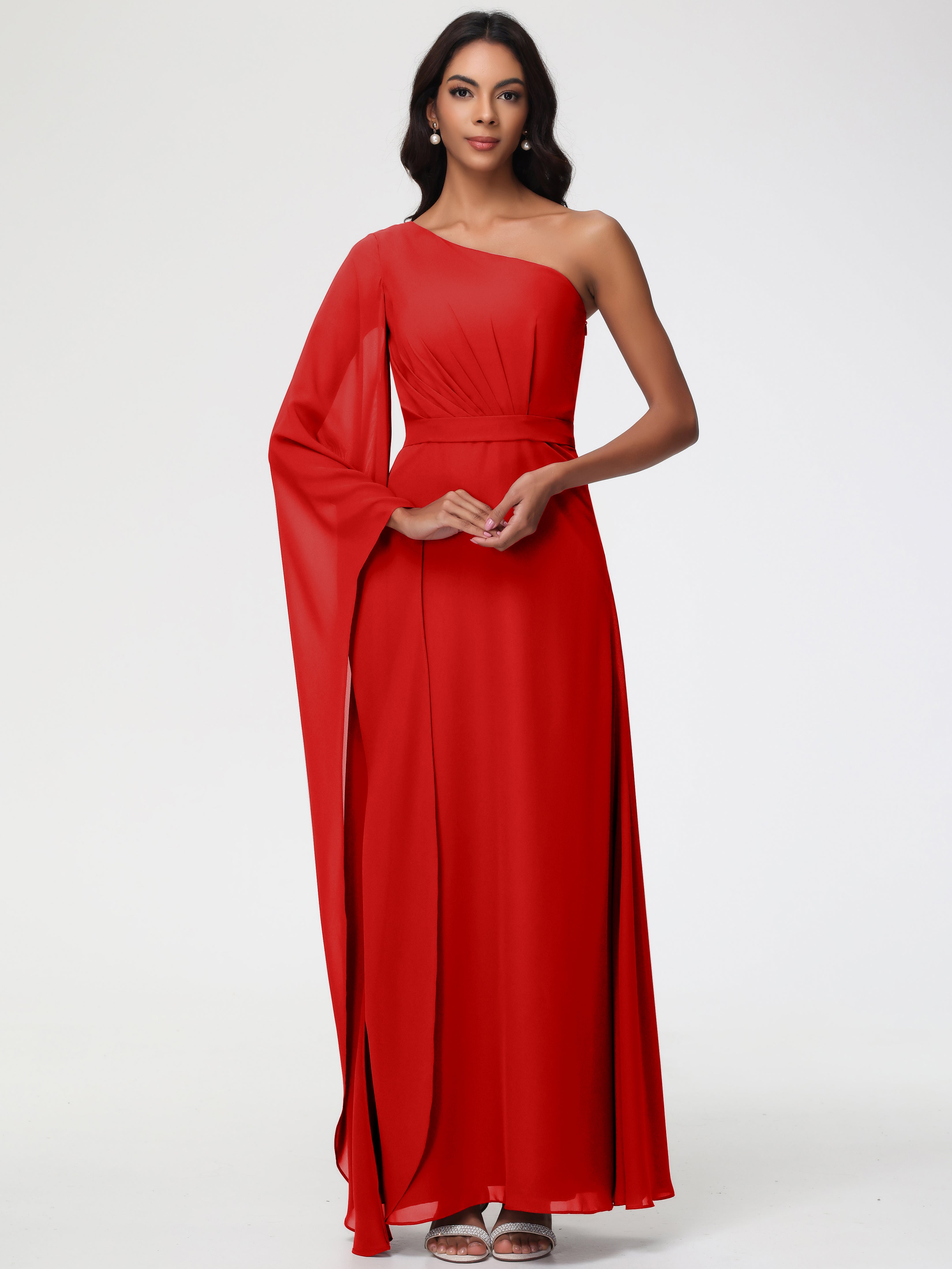 Robe De Demoiselle D Honneur Rouge Seule-Épaule Manches Asymétriques Mousseline Robe Demoiselle D'Honneur