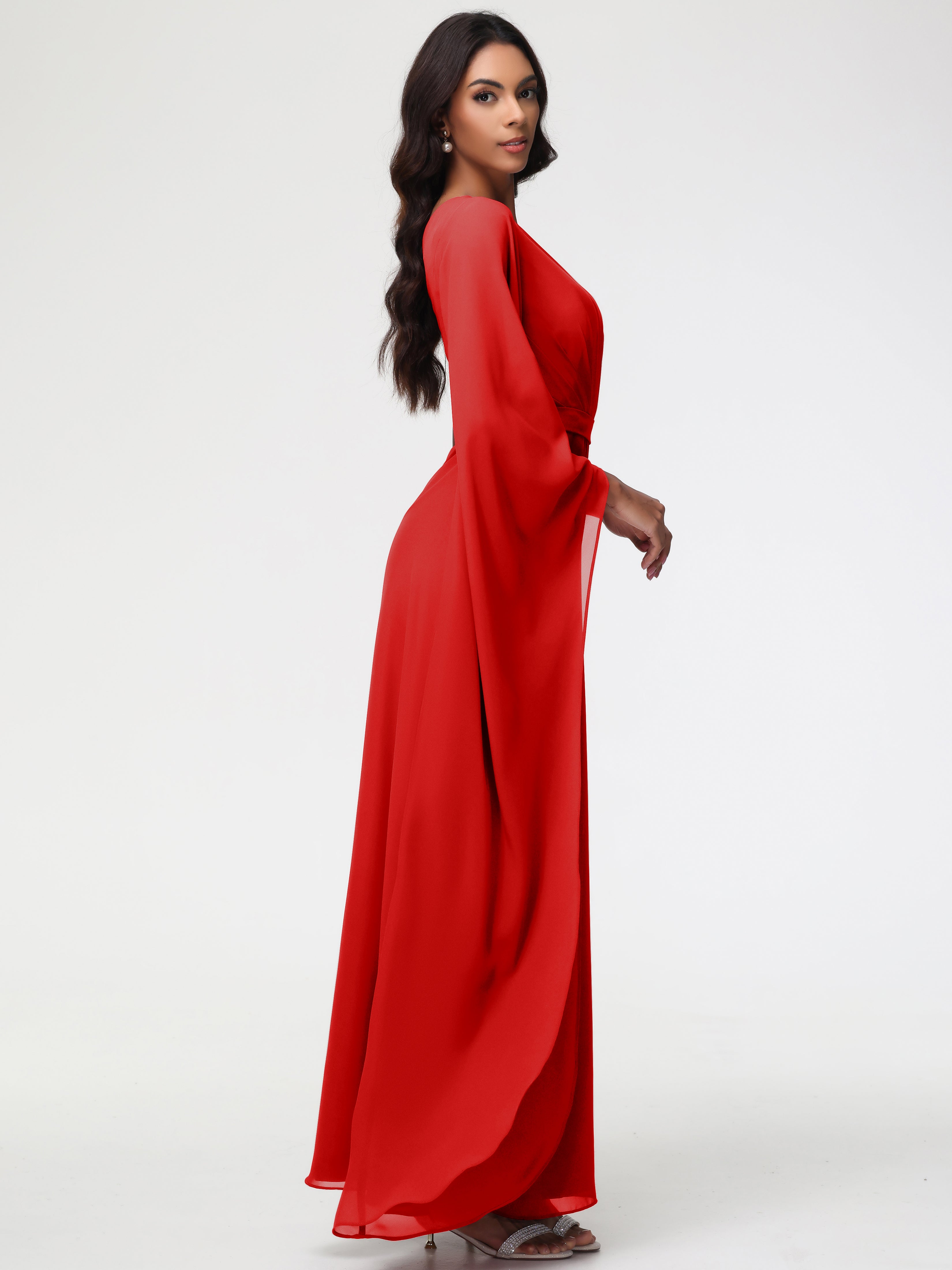 Robe De Demoiselle D Honneur Rouge Seule-Épaule Manches Asymétriques Mousseline Robe Demoiselle D'Honneur