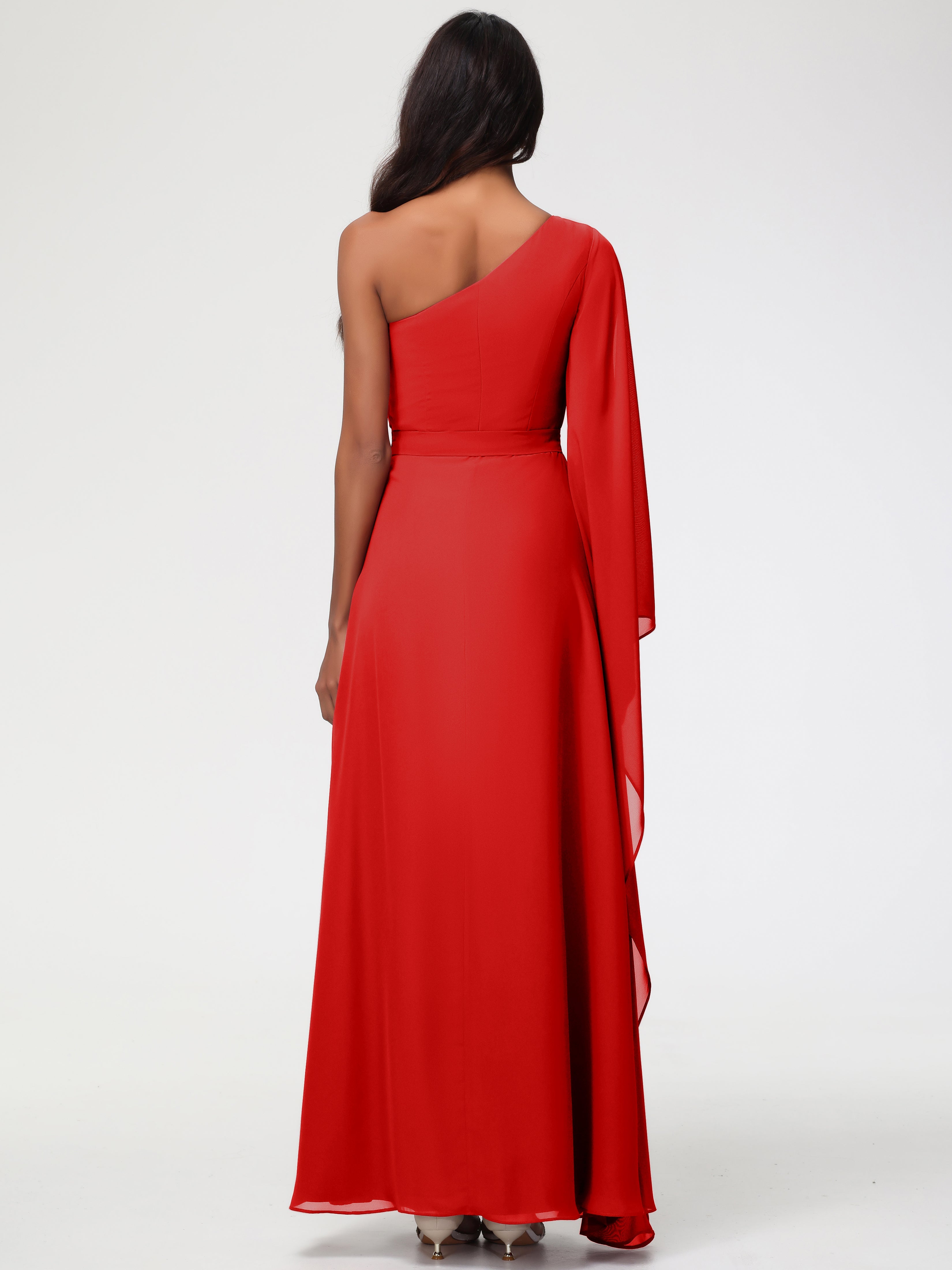 Robe De Demoiselle D Honneur Rouge Seule-Épaule Manches Asymétriques Mousseline Robe Demoiselle D'Honneur
