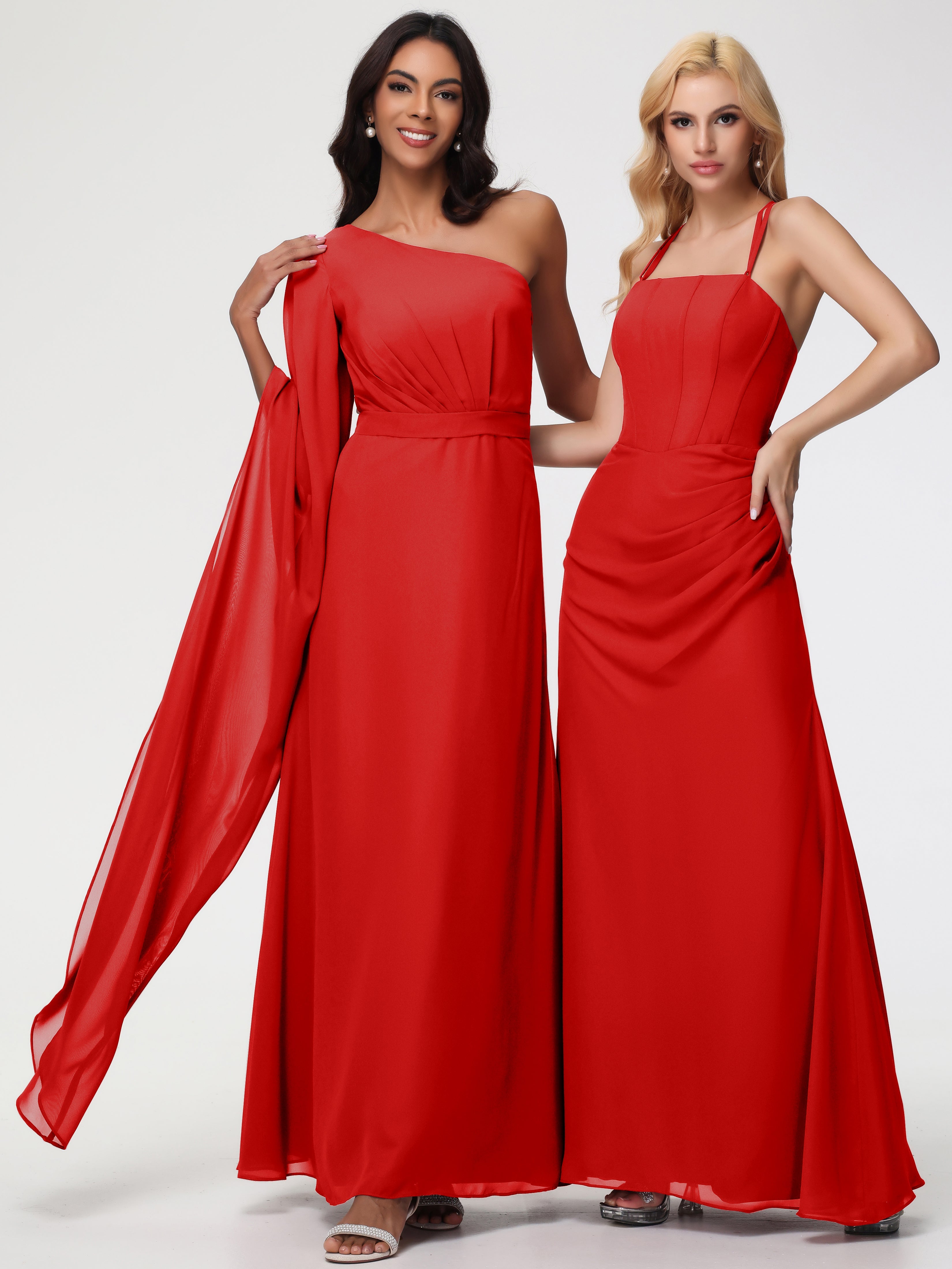 Robe De Demoiselle D Honneur Rouge Seule-Épaule Manches Asymétriques Mousseline Robe Demoiselle D'Honneur