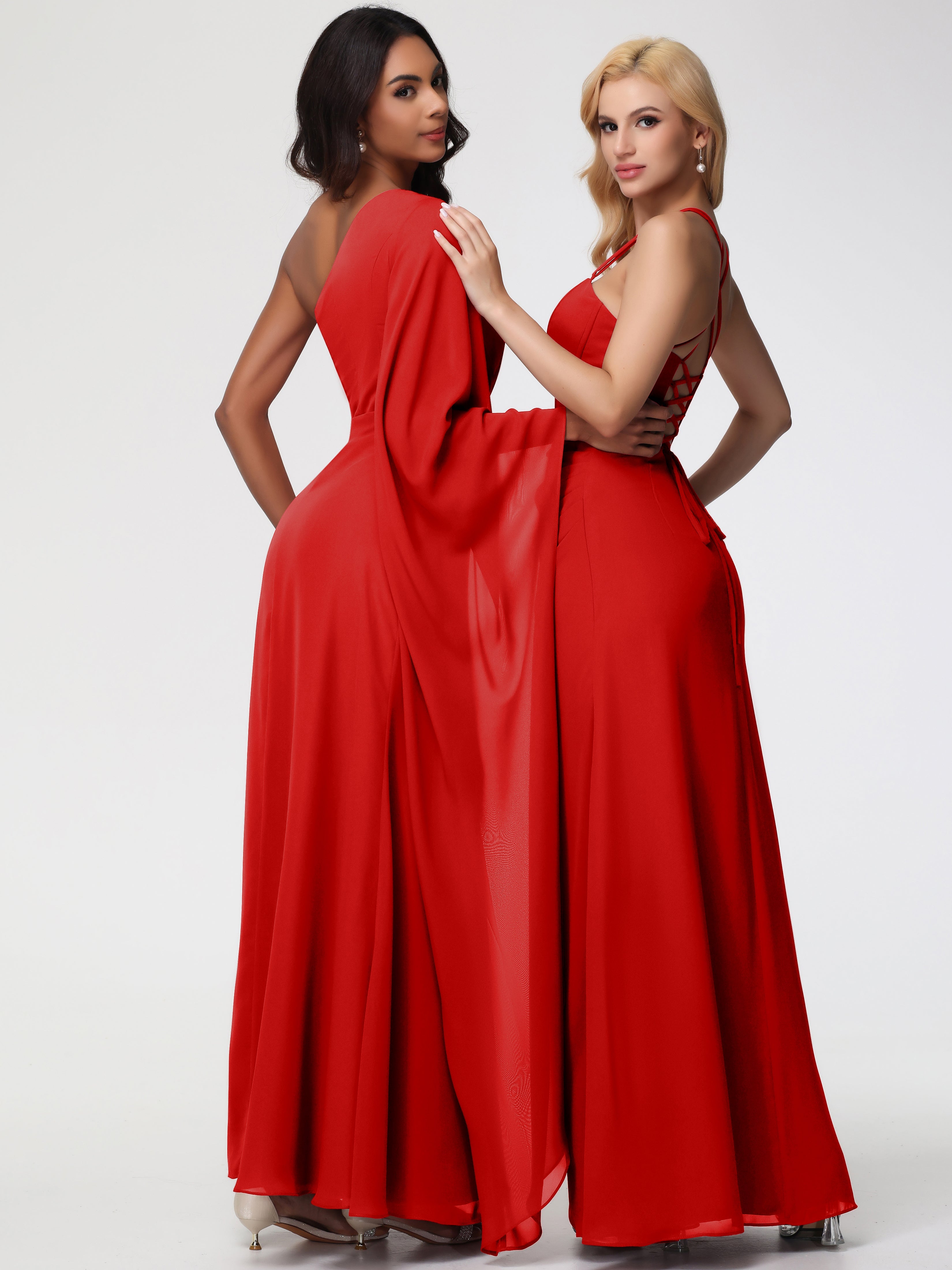 Robe De Demoiselle D Honneur Rouge Seule-Épaule Manches Asymétriques Mousseline Robe Demoiselle D'Honneur