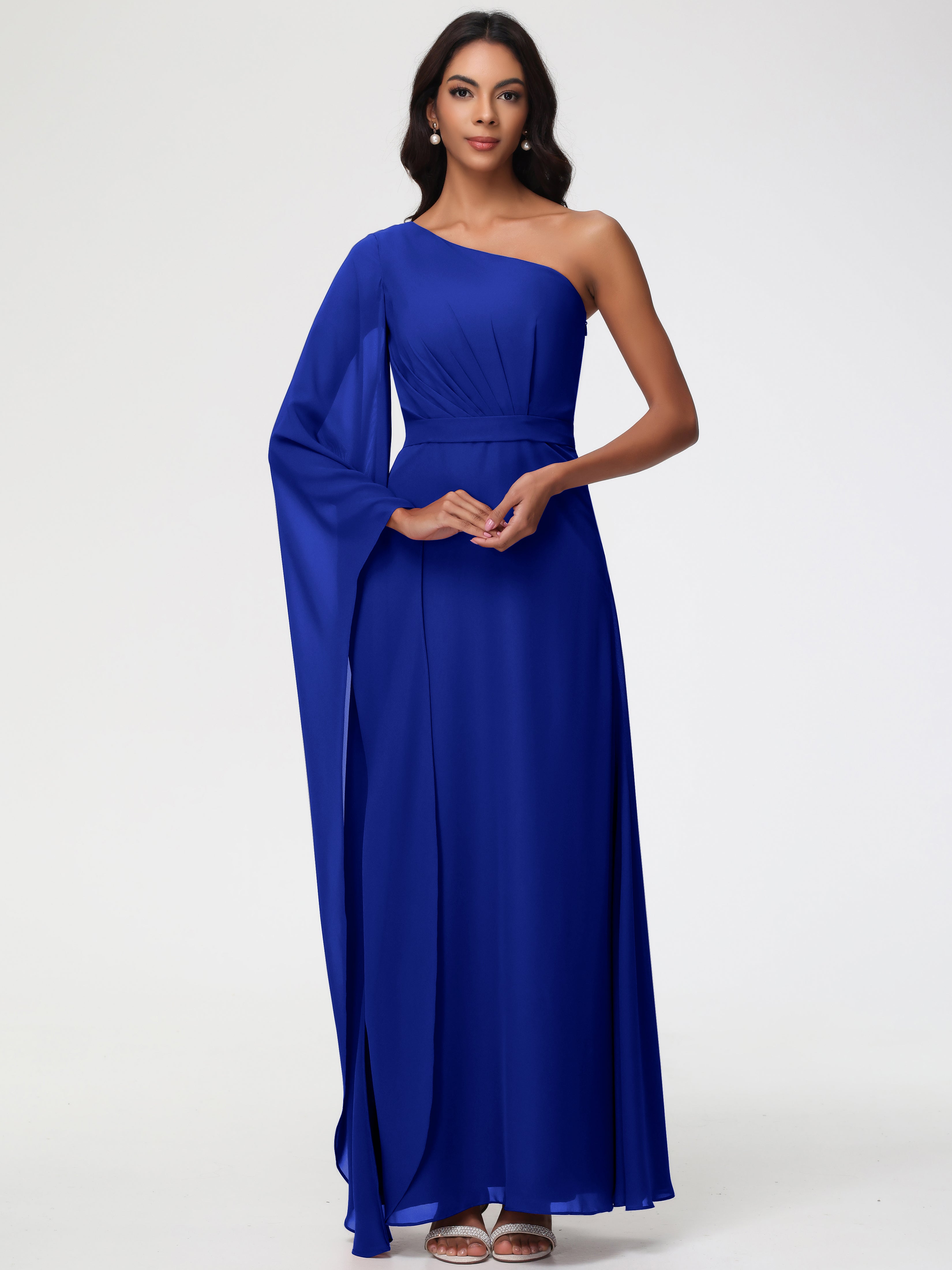 Robe De Demoiselle D Honneur Bleu Royal Seule-Épaule Manches Asymétriques Mousseline Robe Demoiselle D'Honneur