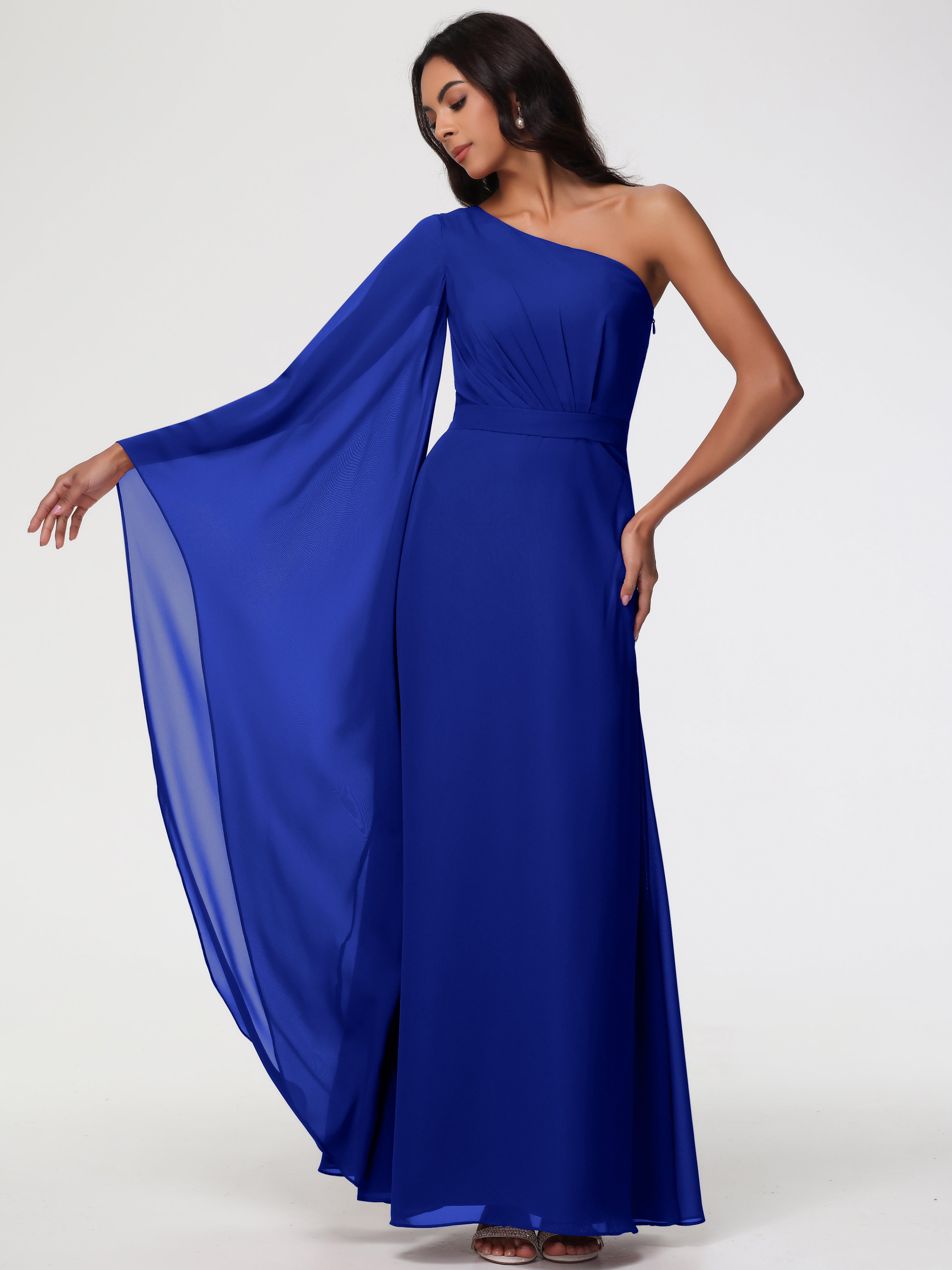 Robe De Demoiselle D Honneur Bleu Royal Seule-Épaule Manches Asymétriques Mousseline Robe Demoiselle D'Honneur