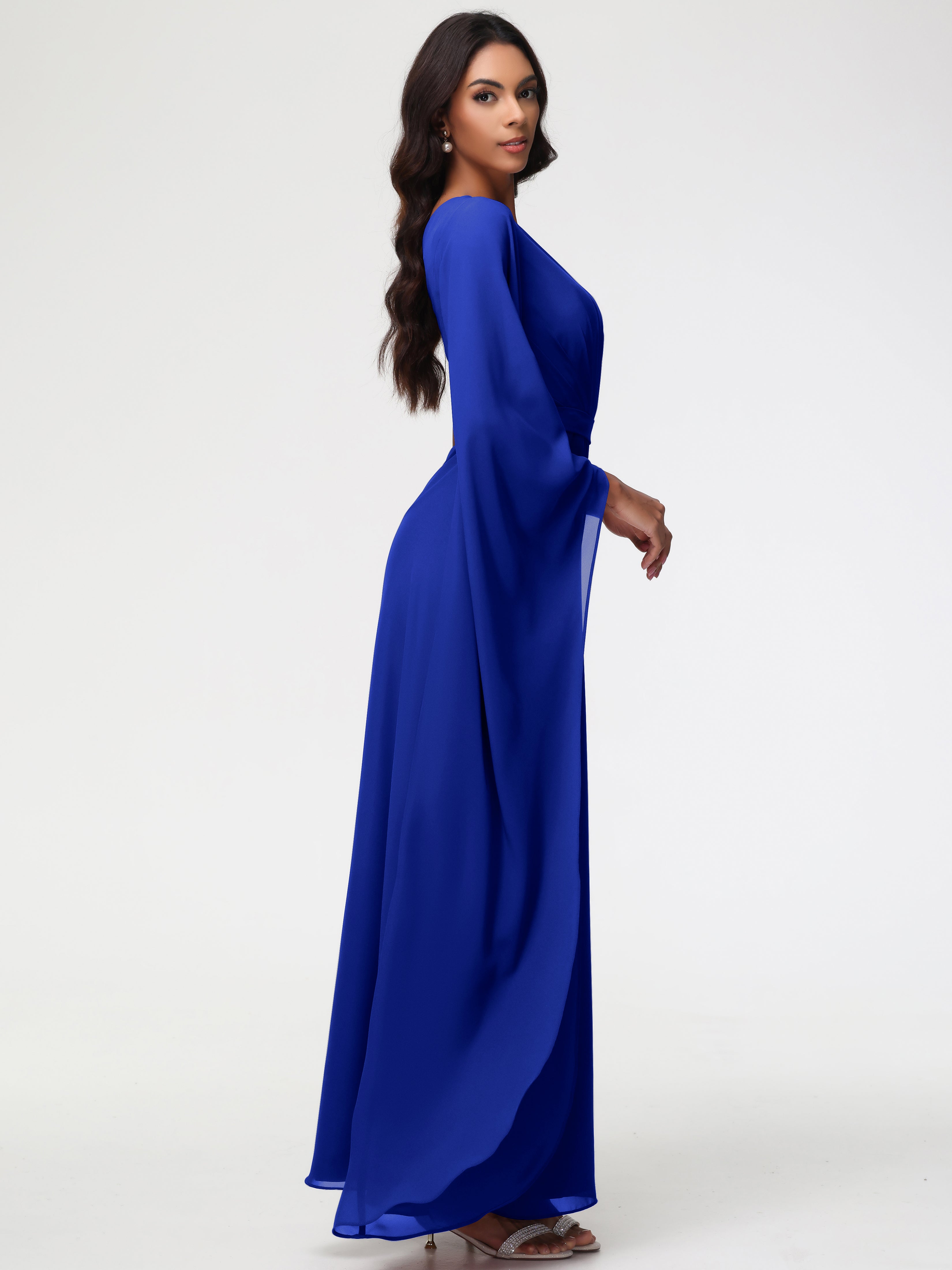 Robe De Demoiselle D Honneur Bleu Royal Seule-Épaule Manches Asymétriques Mousseline Robe Demoiselle D'Honneur