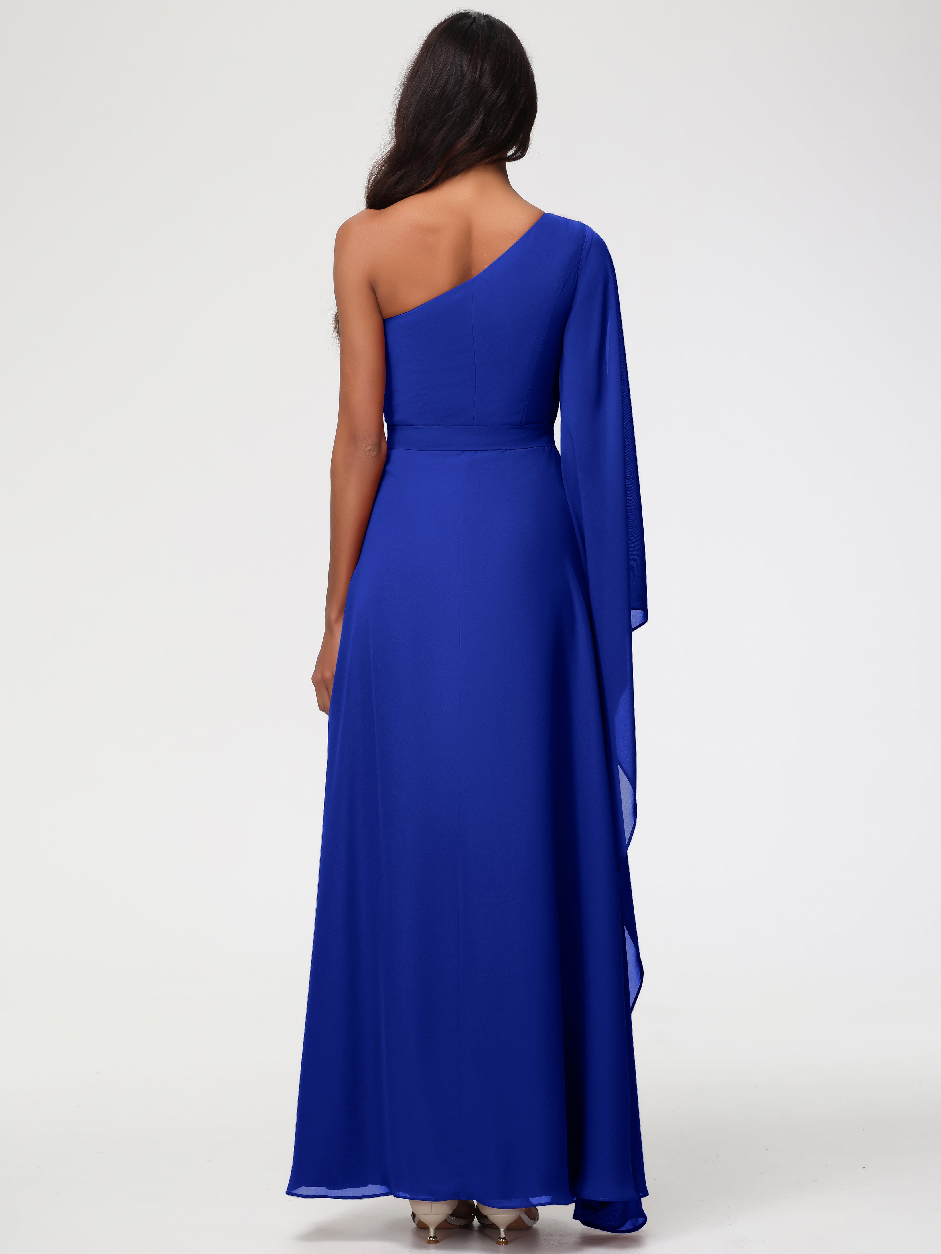 Robe De Demoiselle D Honneur Bleu Royal Seule-Épaule Manches Asymétriques Mousseline Robe Demoiselle D'Honneur
