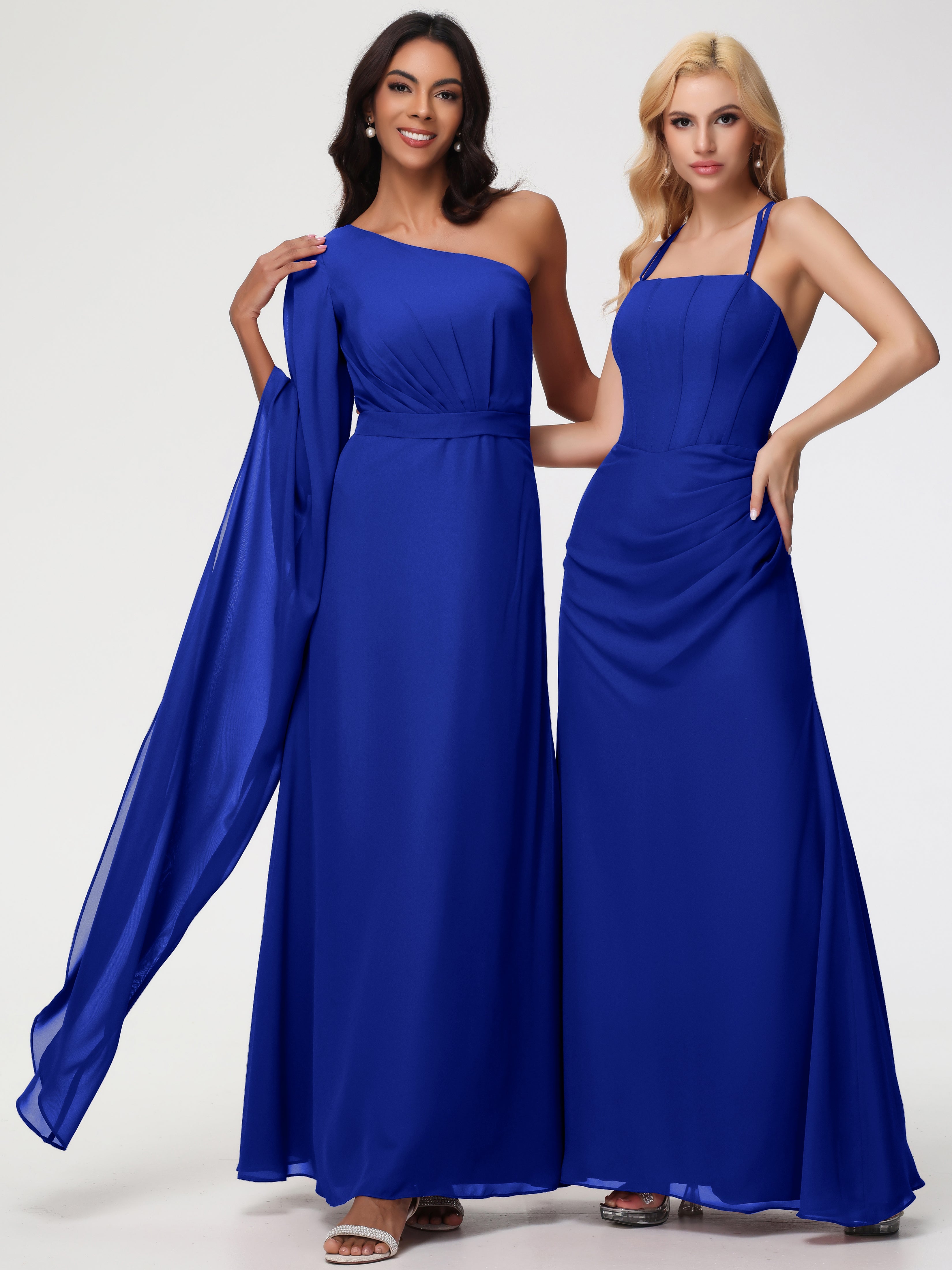 Robe De Demoiselle D Honneur Bleu Royal Seule-Épaule Manches Asymétriques Mousseline Robe Demoiselle D'Honneur