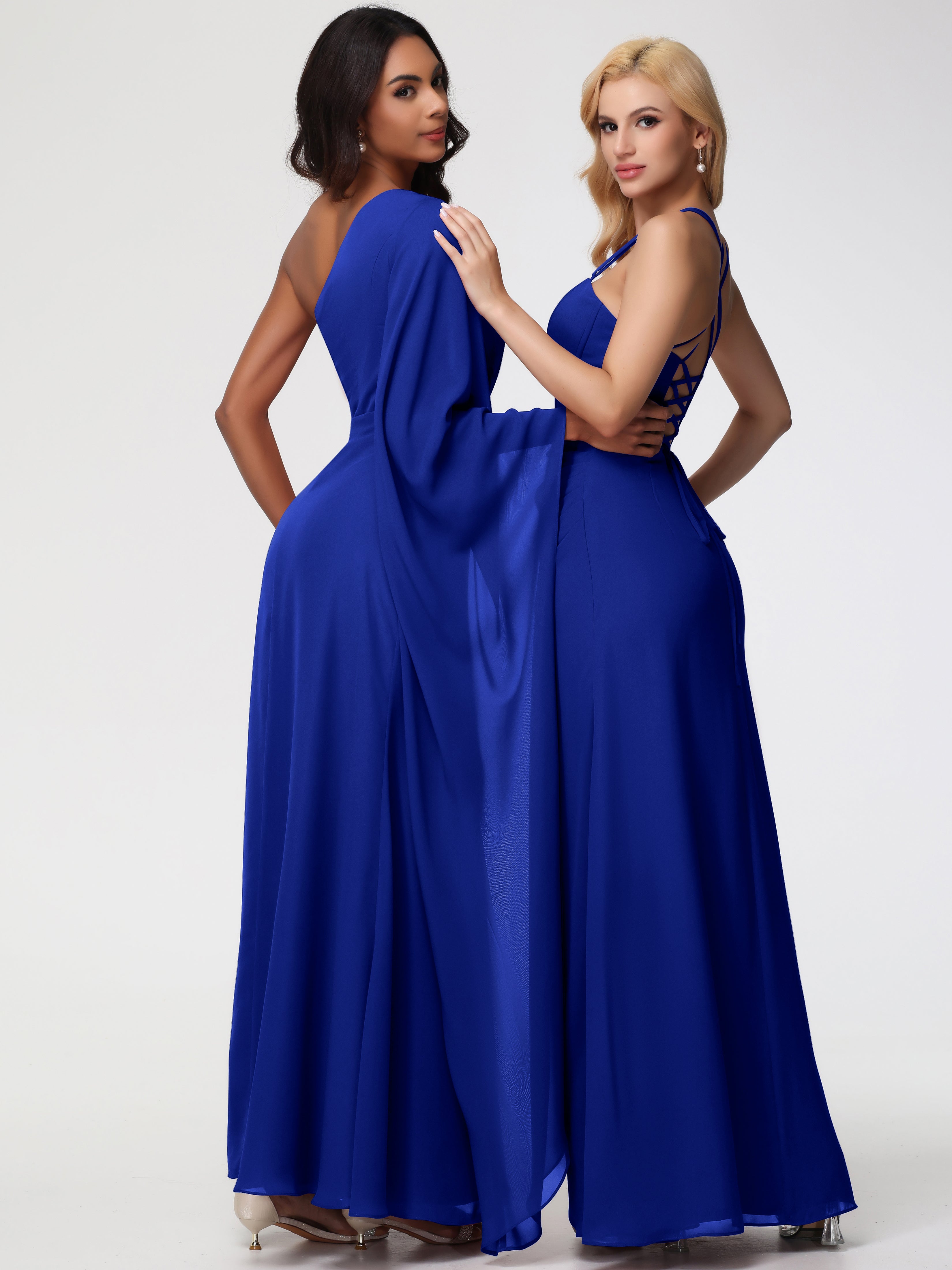 Robe De Demoiselle D Honneur Bleu Royal Seule-Épaule Manches Asymétriques Mousseline Robe Demoiselle D'Honneur