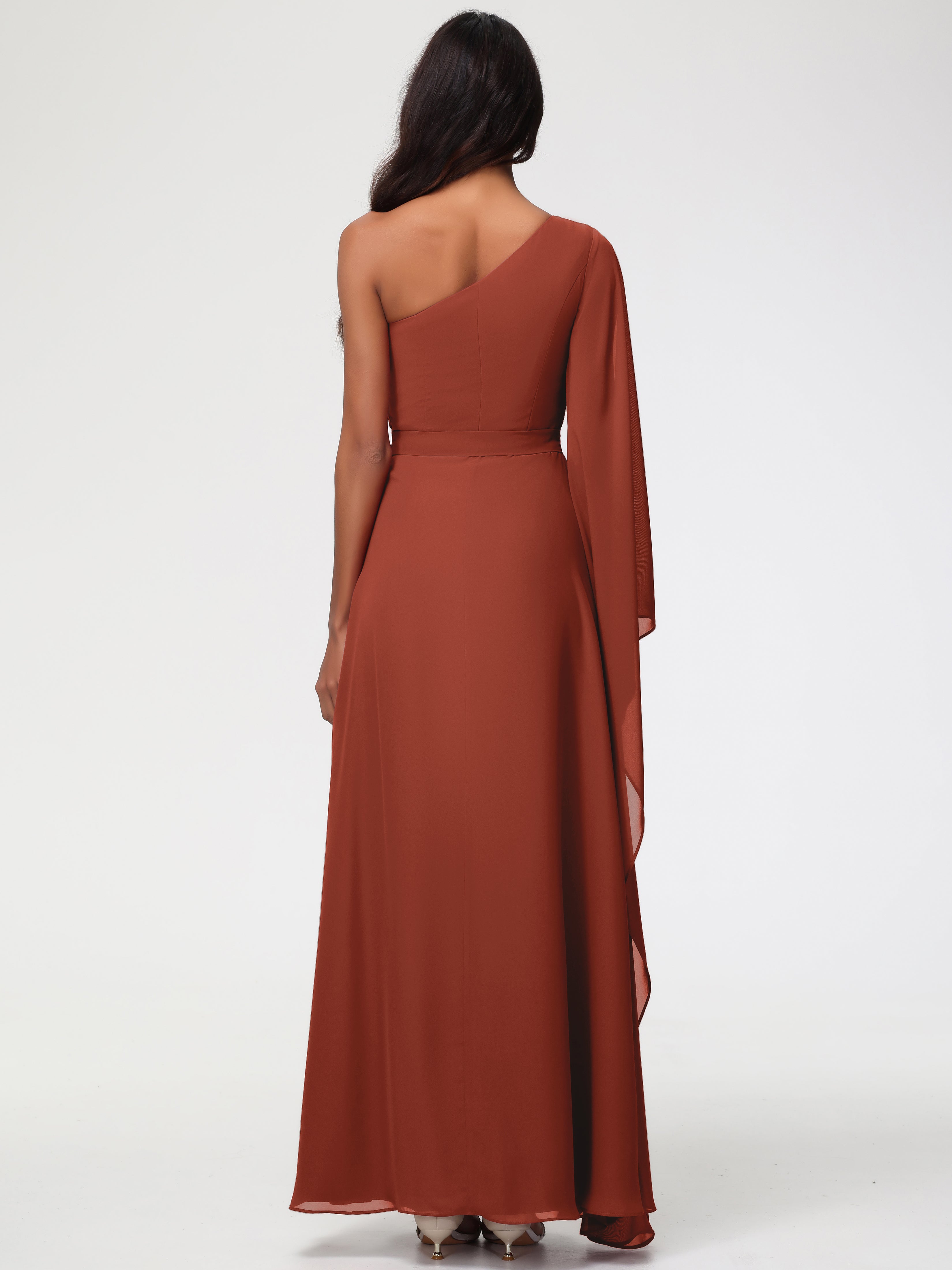 Robe Demoiselle D Honneur Couleur Rouille Seule-Épaule Manches Asymétriques Mousseline Robe Demoiselle D'Honneur