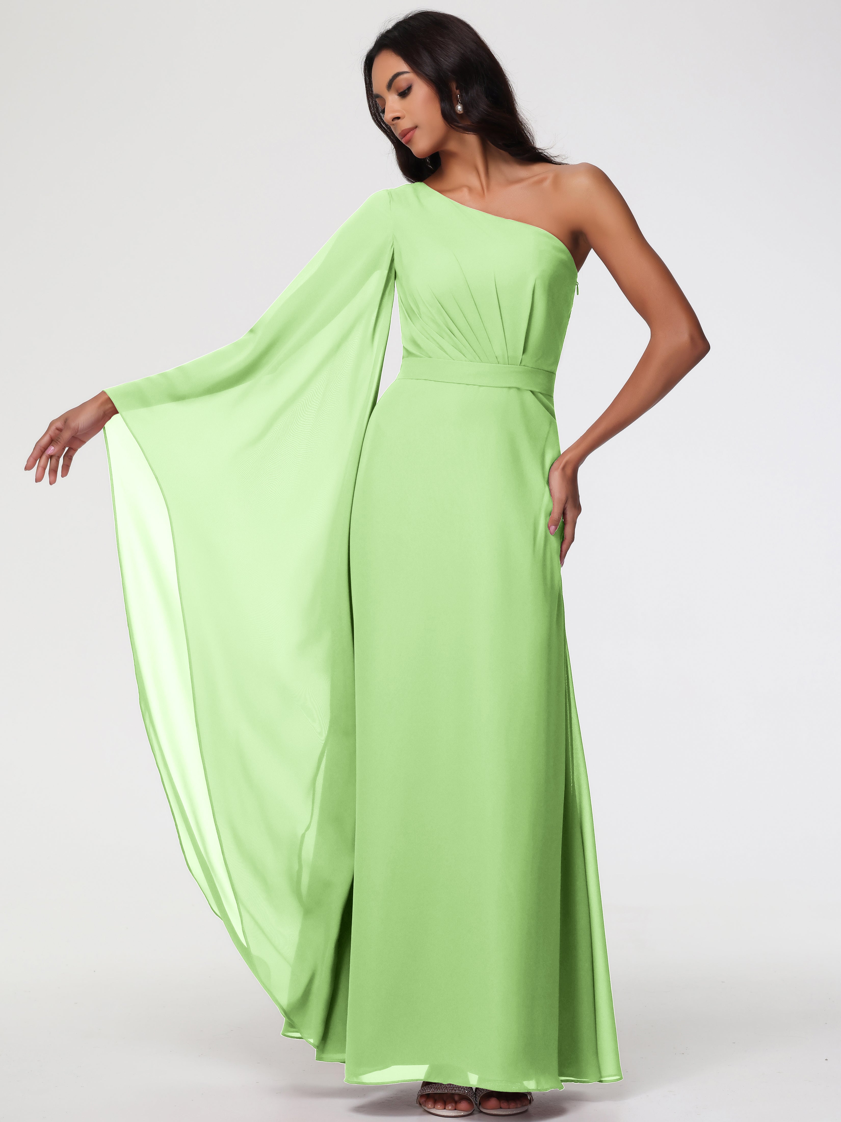 Demoiselle Robe Vert Sauge Seule-Épaule Manches Asymétriques Mousseline Robe Demoiselle D'Honneur
