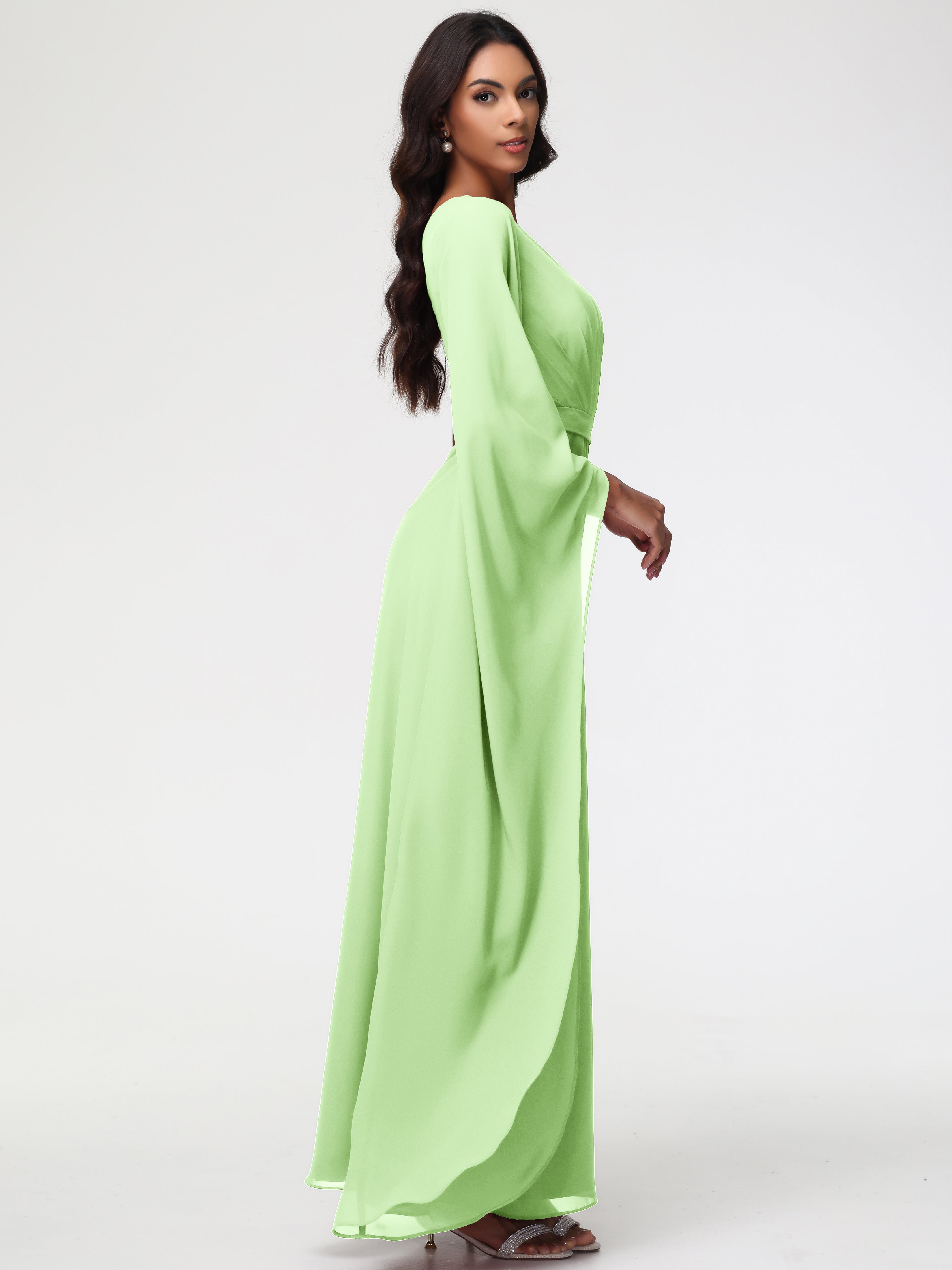 Demoiselle Robe Vert Sauge Seule-Épaule Manches Asymétriques Mousseline Robe Demoiselle D'Honneur