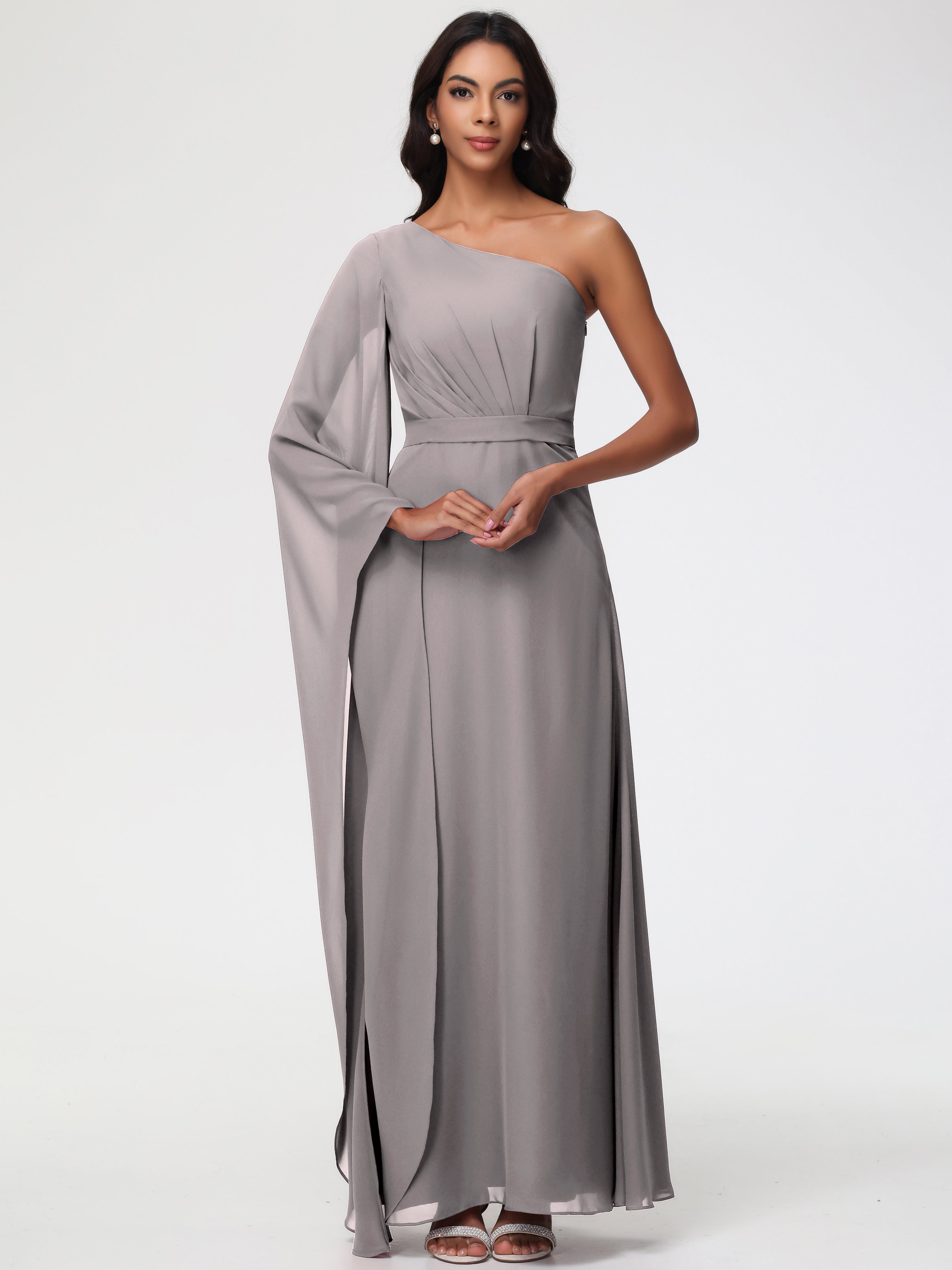 Robe Argentée Demoiselle D Honneur Seule-Épaule Manches Asymétriques Mousseline Robe Demoiselle D'Honneur
