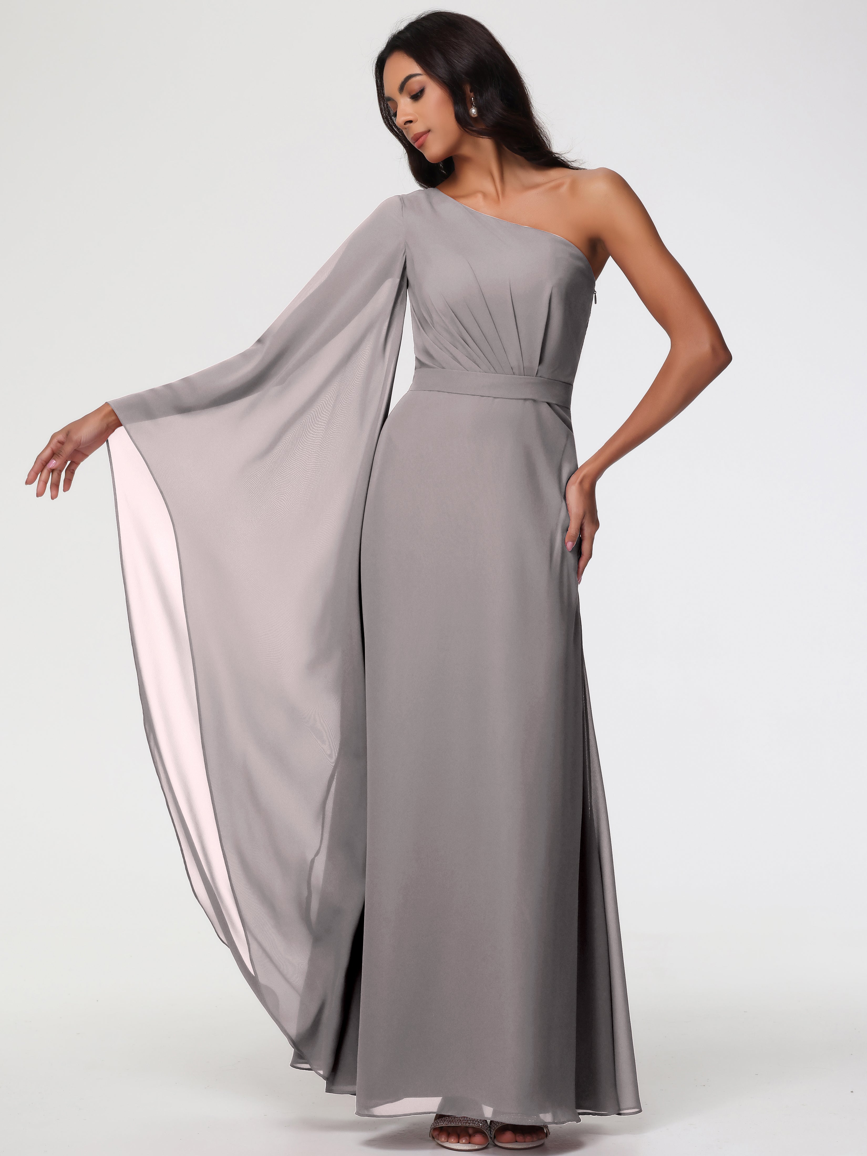 Robe Argentée Demoiselle D Honneur Seule-Épaule Manches Asymétriques Mousseline Robe Demoiselle D'Honneur