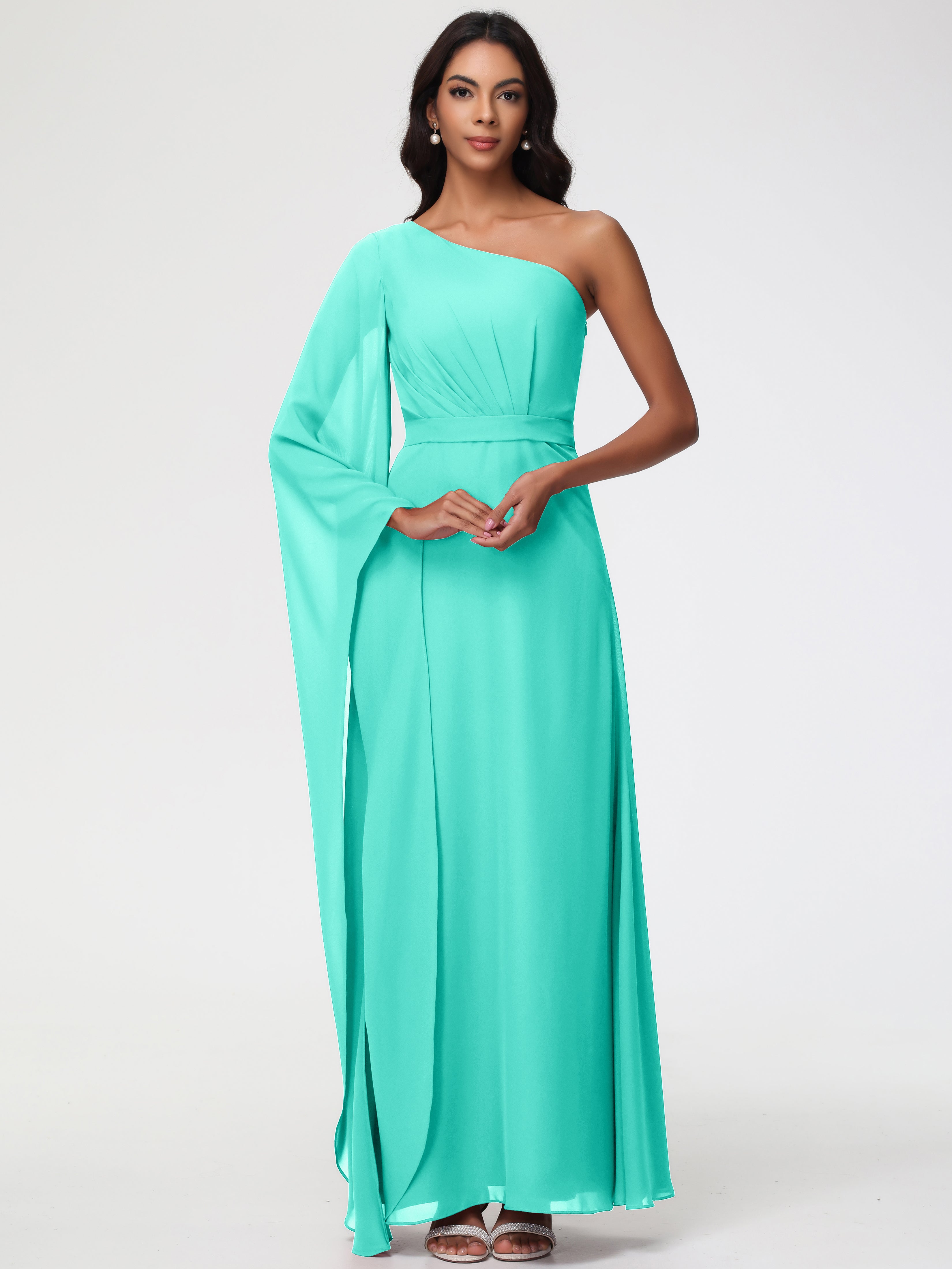 Robes De Demoiselle D'Honneur Spa Seule-Épaule Manches Asymétriques Mousseline Robe Demoiselle D'Honneur