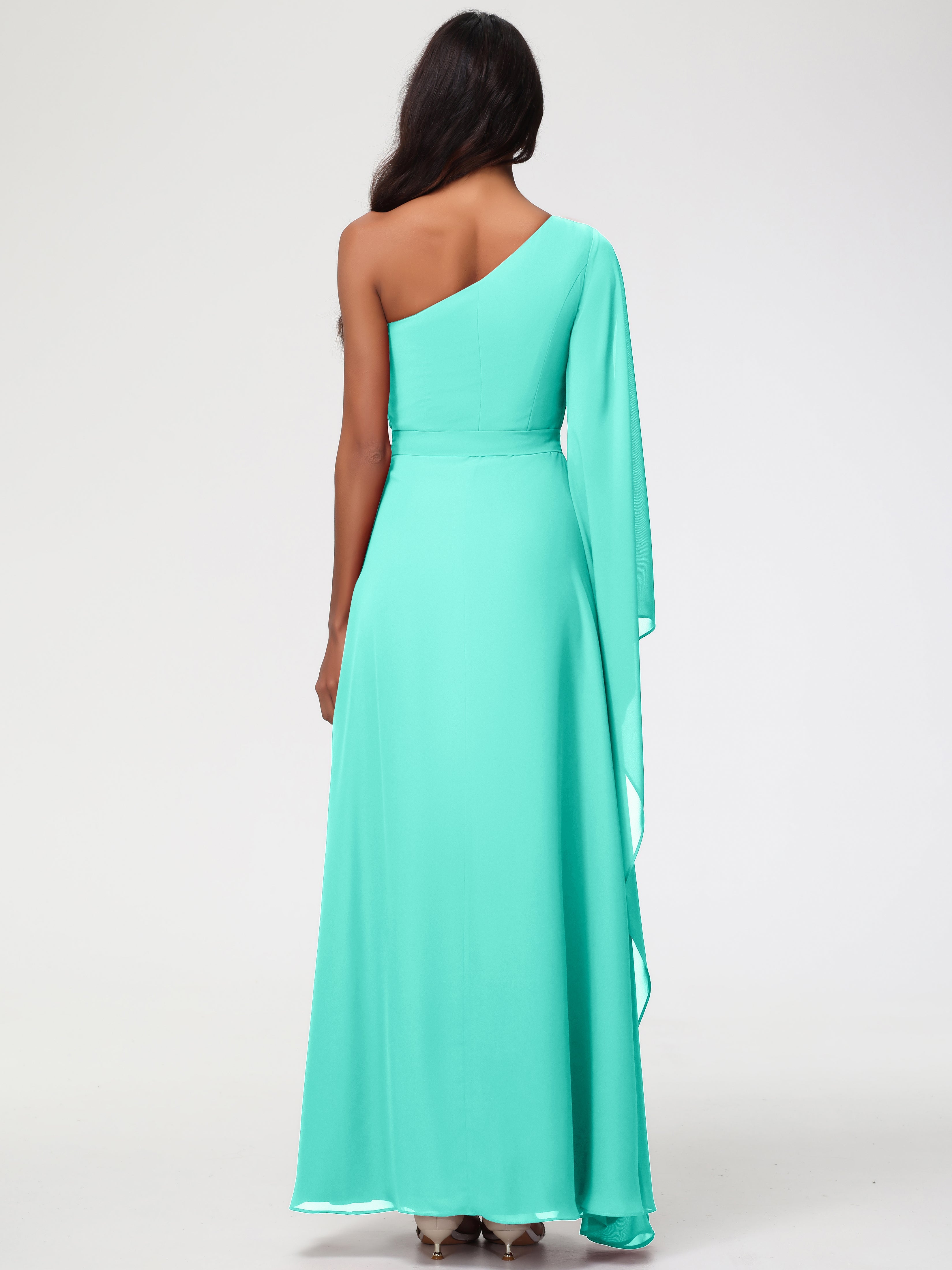 Robes De Demoiselle D'Honneur Spa Seule-Épaule Manches Asymétriques Mousseline Robe Demoiselle D'Honneur