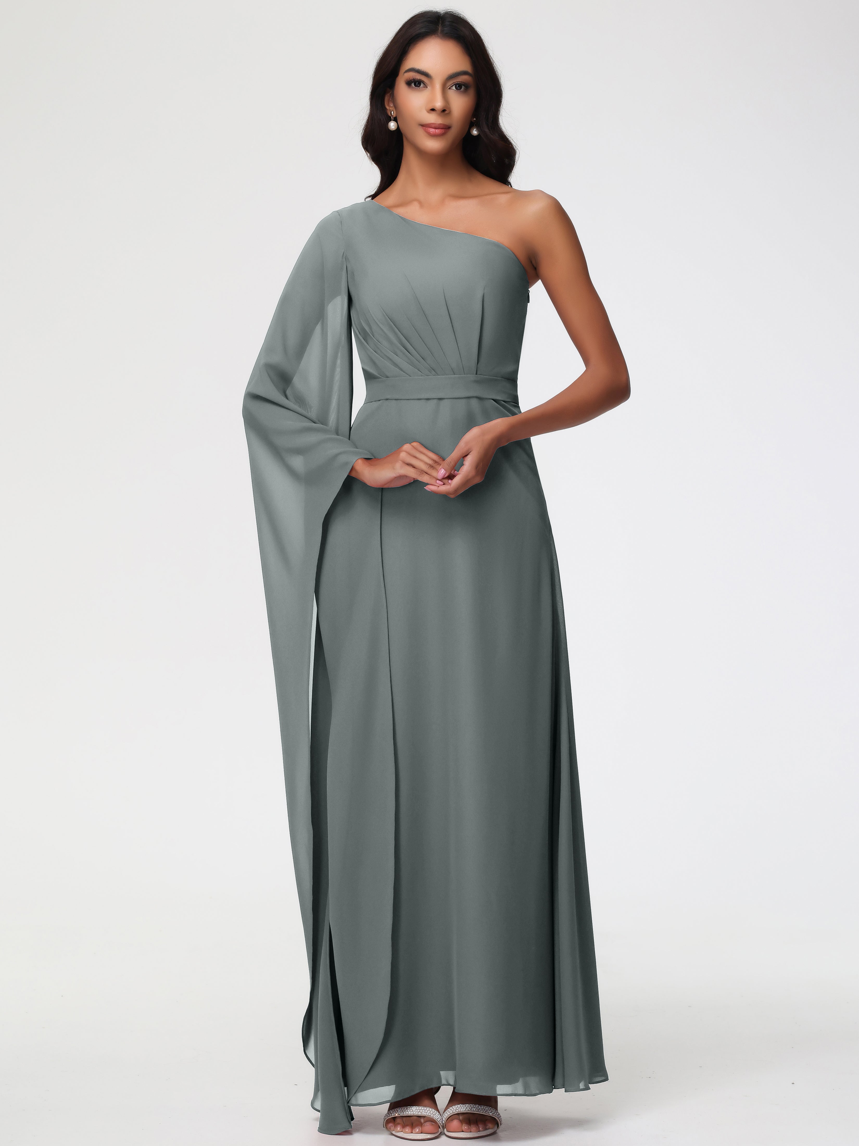 Robe Demoiselle D Honneur Gris Seule-Épaule Manches Asymétriques Mousseline Robe Demoiselle D'Honneur