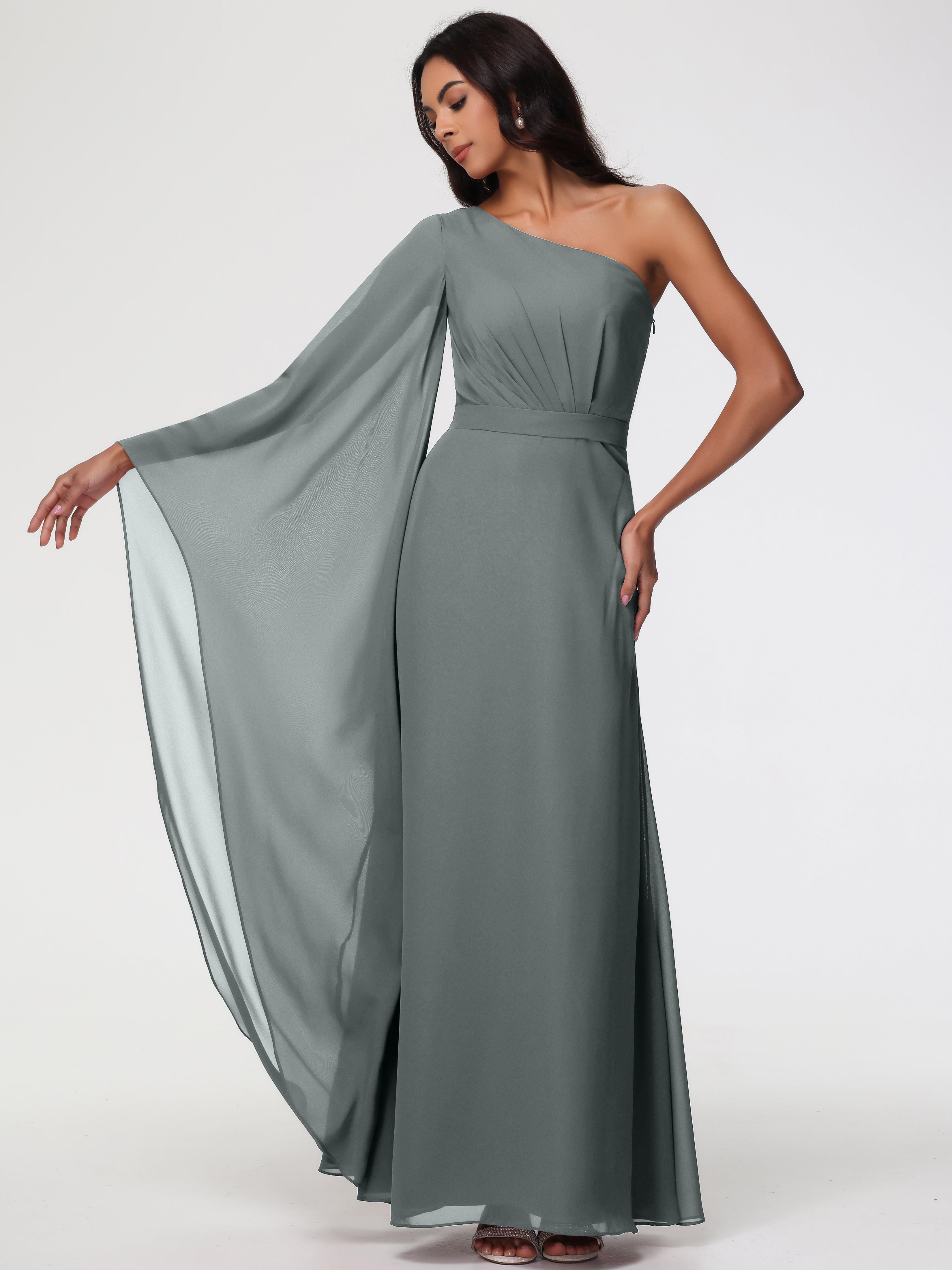 Robe Demoiselle D Honneur Gris Seule-Épaule Manches Asymétriques Mousseline Robe Demoiselle D'Honneur