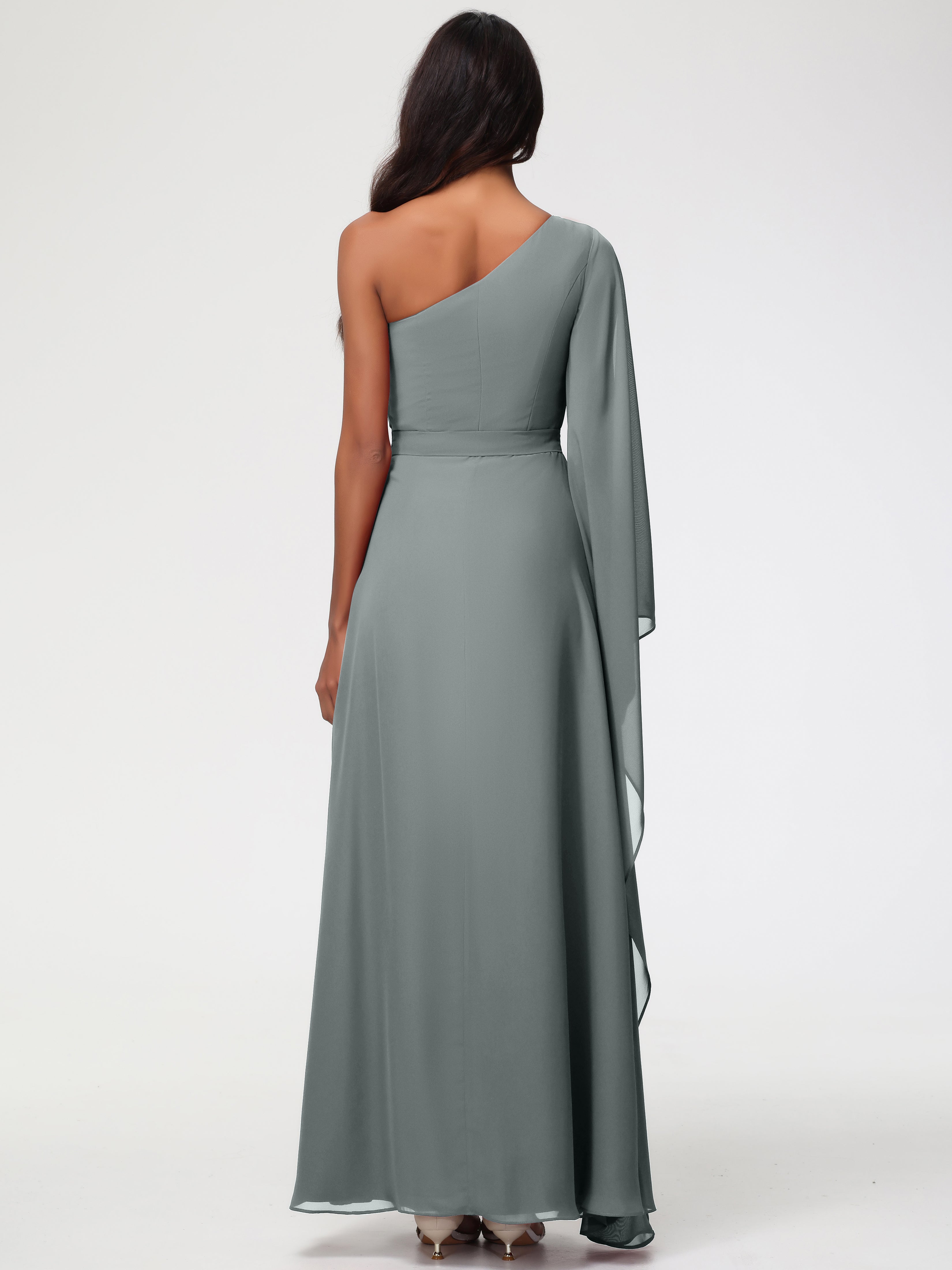 Robe Demoiselle D Honneur Gris Seule-Épaule Manches Asymétriques Mousseline Robe Demoiselle D'Honneur