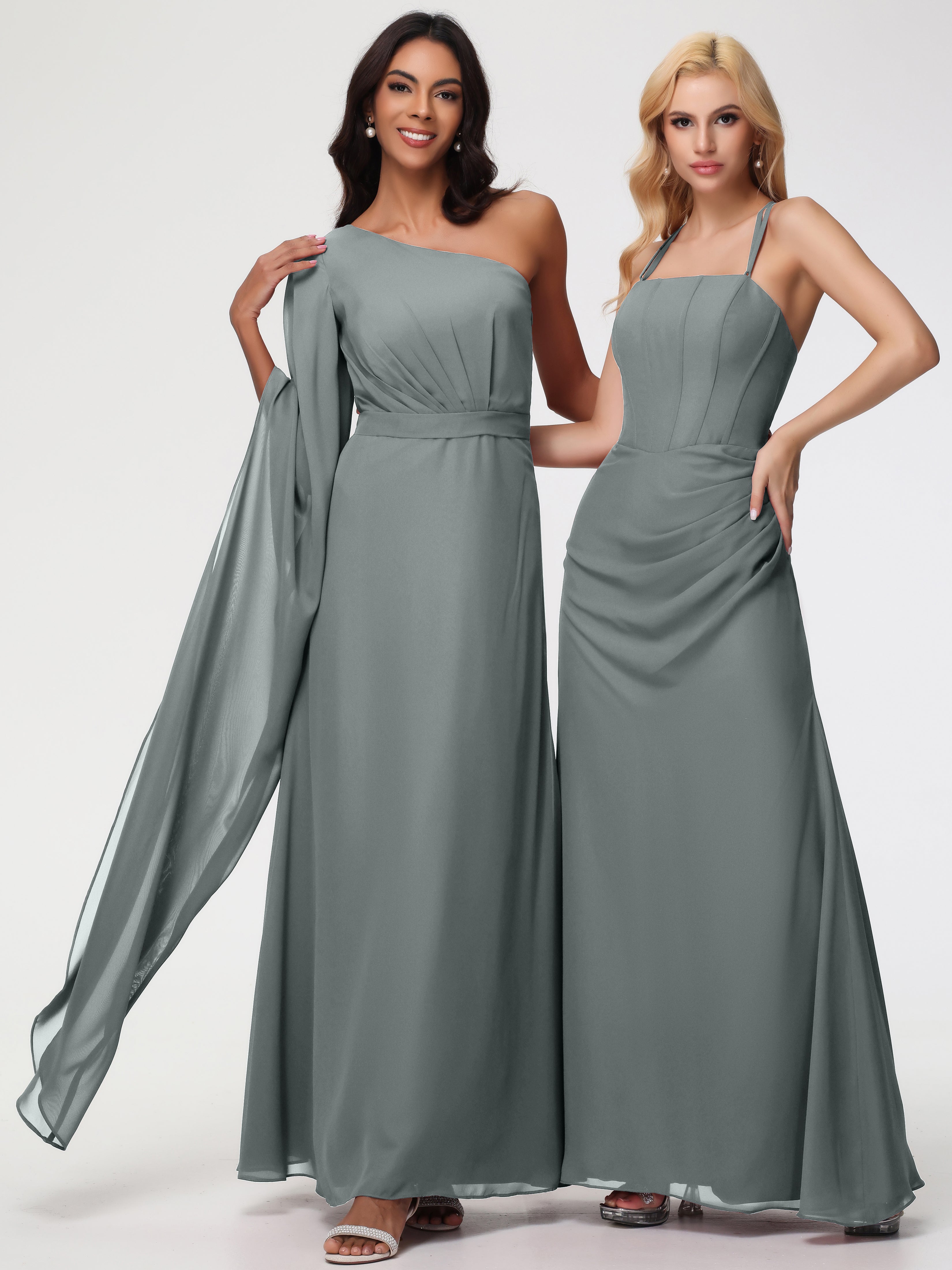 Robe Demoiselle D Honneur Gris Seule-Épaule Manches Asymétriques Mousseline Robe Demoiselle D'Honneur