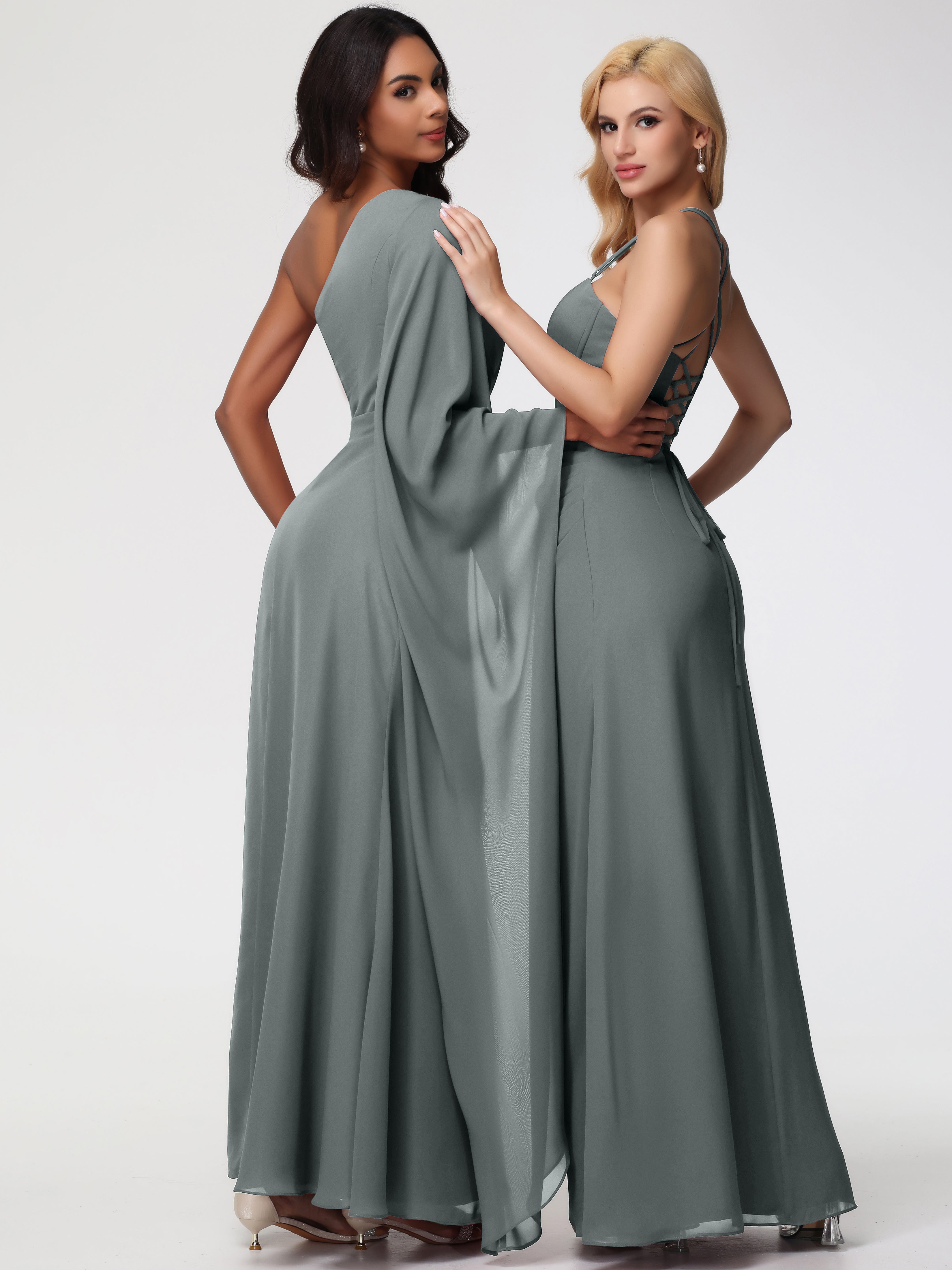 Robe Demoiselle D Honneur Gris Seule-Épaule Manches Asymétriques Mousseline Robe Demoiselle D'Honneur