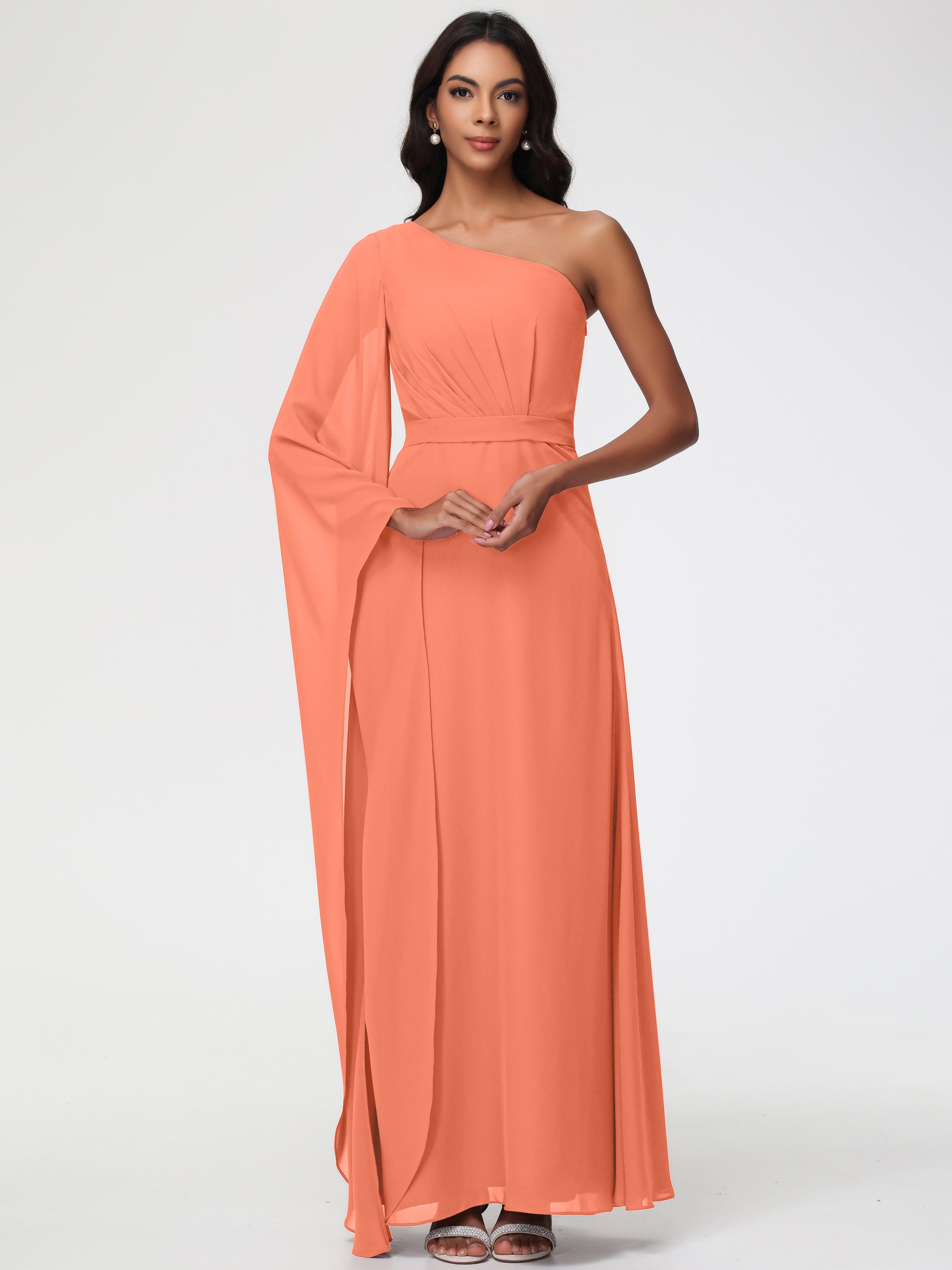 Robes De Demoiselle D'Honneur Coucher De Soleil Seule-Épaule Manches Asymétriques Mousseline Robe Demoiselle D'Honneur