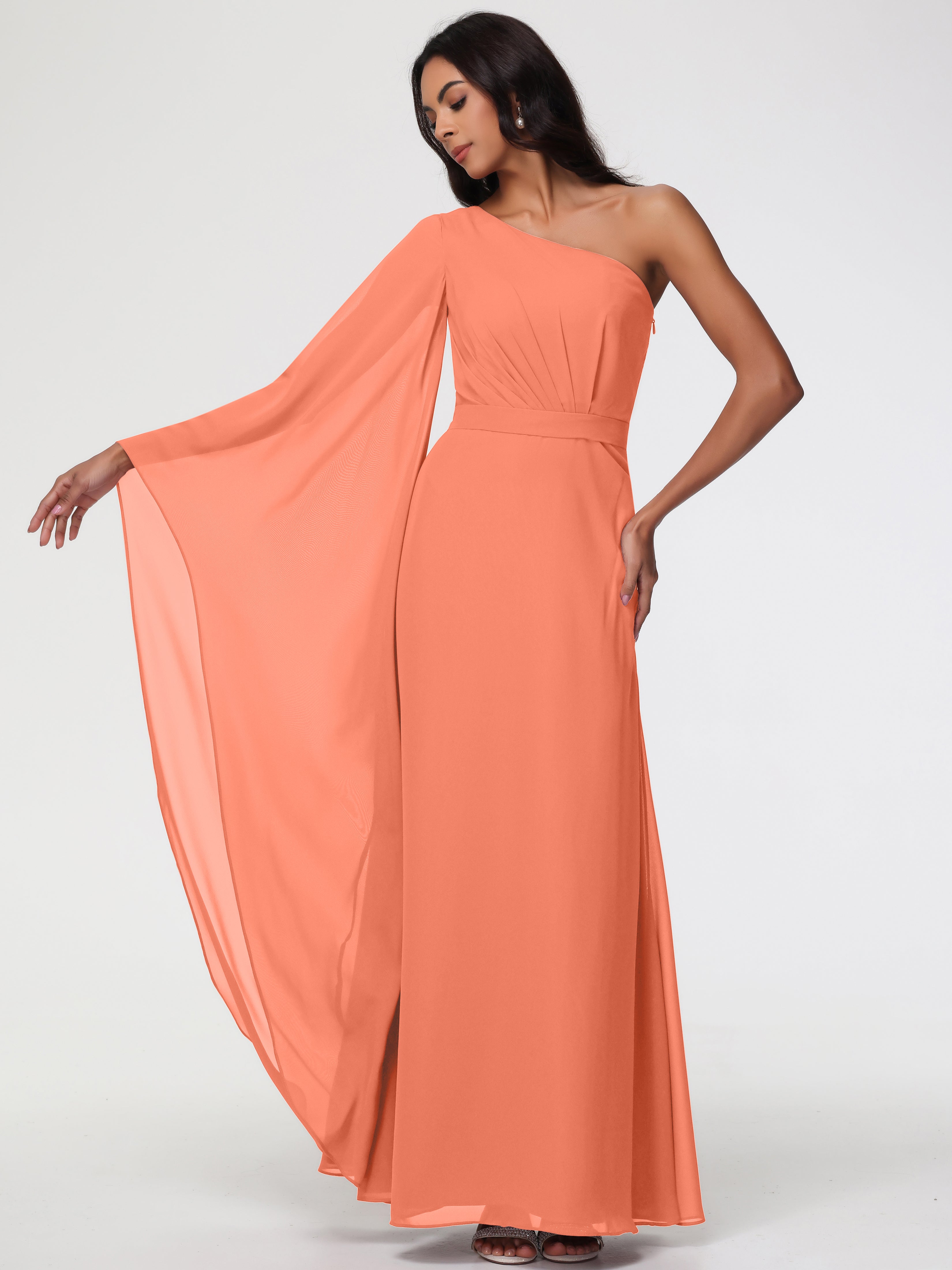 Robes De Demoiselle D'Honneur Coucher De Soleil Seule-Épaule Manches Asymétriques Mousseline Robe Demoiselle D'Honneur