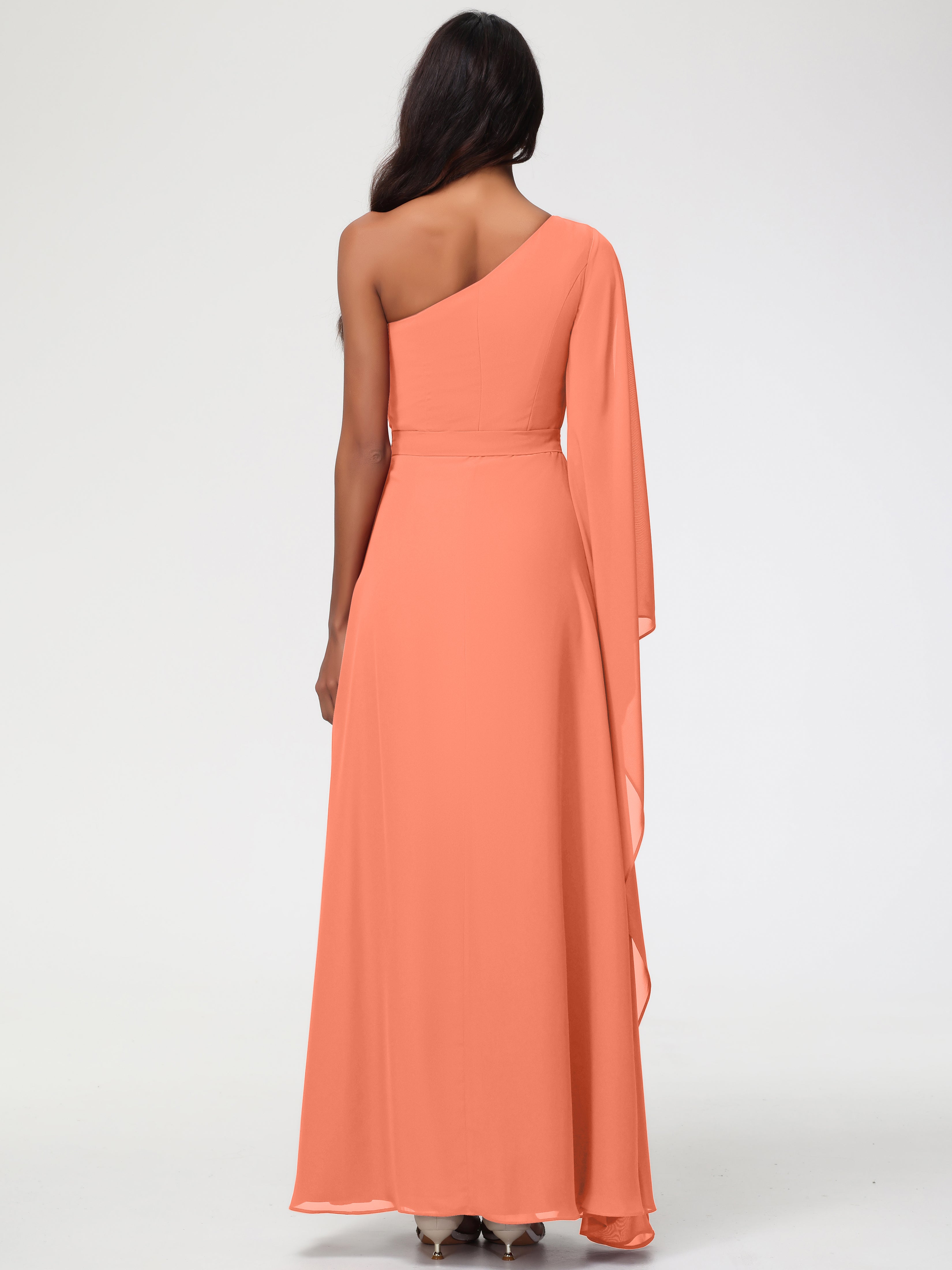 Robes De Demoiselle D'Honneur Coucher De Soleil Seule-Épaule Manches Asymétriques Mousseline Robe Demoiselle D'Honneur