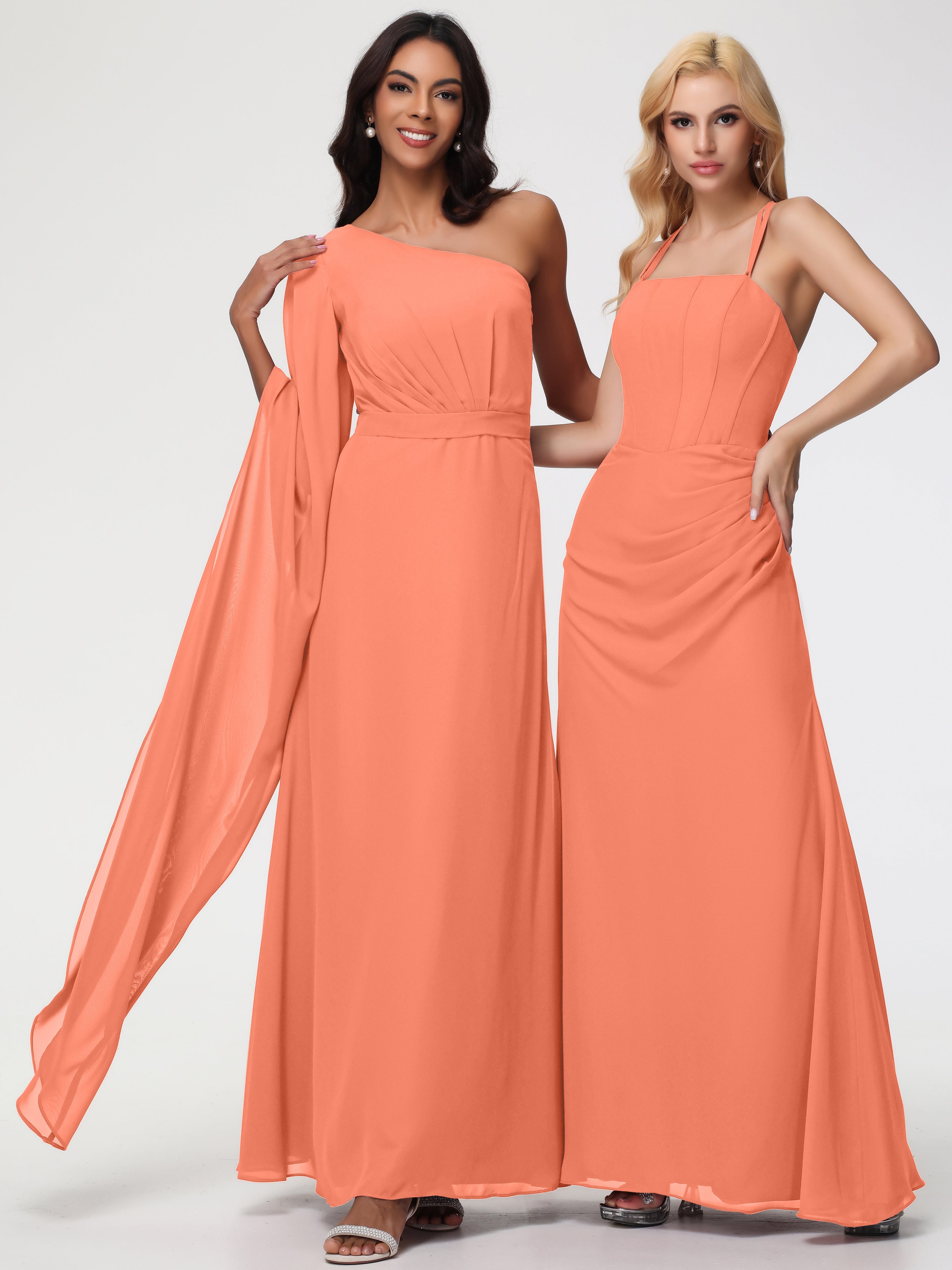 Robes De Demoiselle D'Honneur Coucher De Soleil Seule-Épaule Manches Asymétriques Mousseline Robe Demoiselle D'Honneur