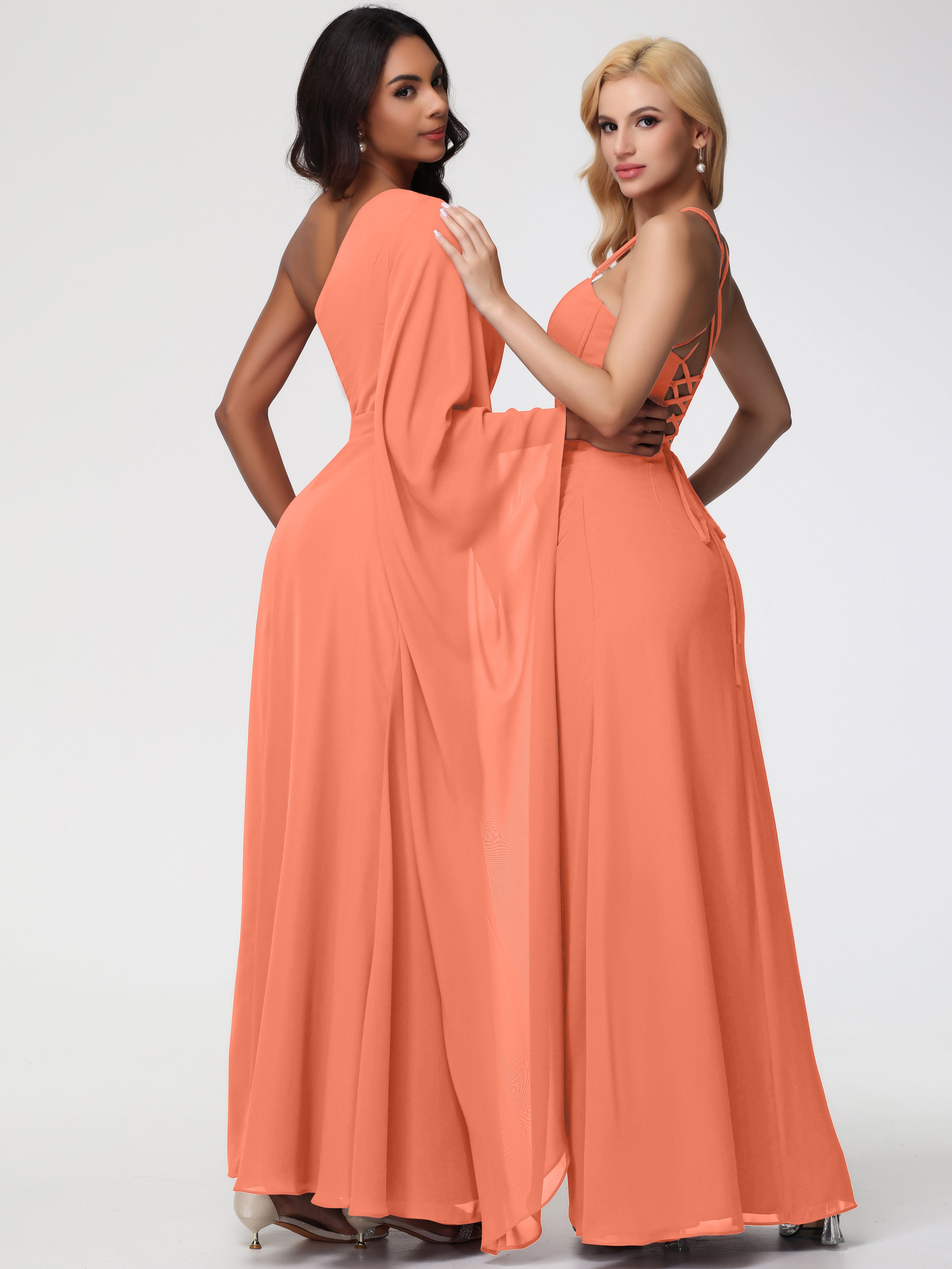 Robes De Demoiselle D'Honneur Coucher De Soleil Seule-Épaule Manches Asymétriques Mousseline Robe Demoiselle D'Honneur