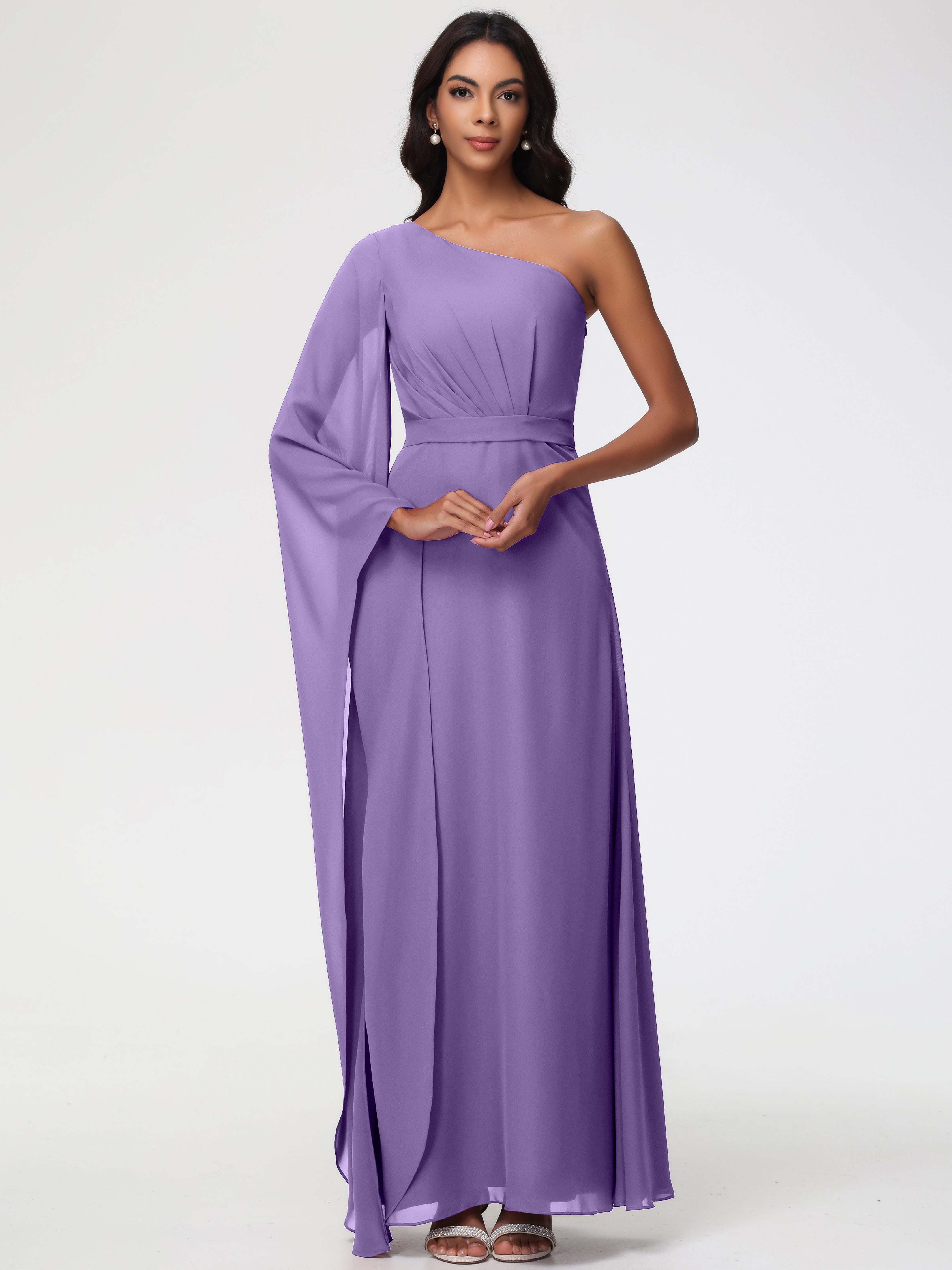 Robes De Demoiselle D'Honneur Tahiti Seule-Épaule Manches Asymétriques Mousseline Robe Demoiselle D'Honneur