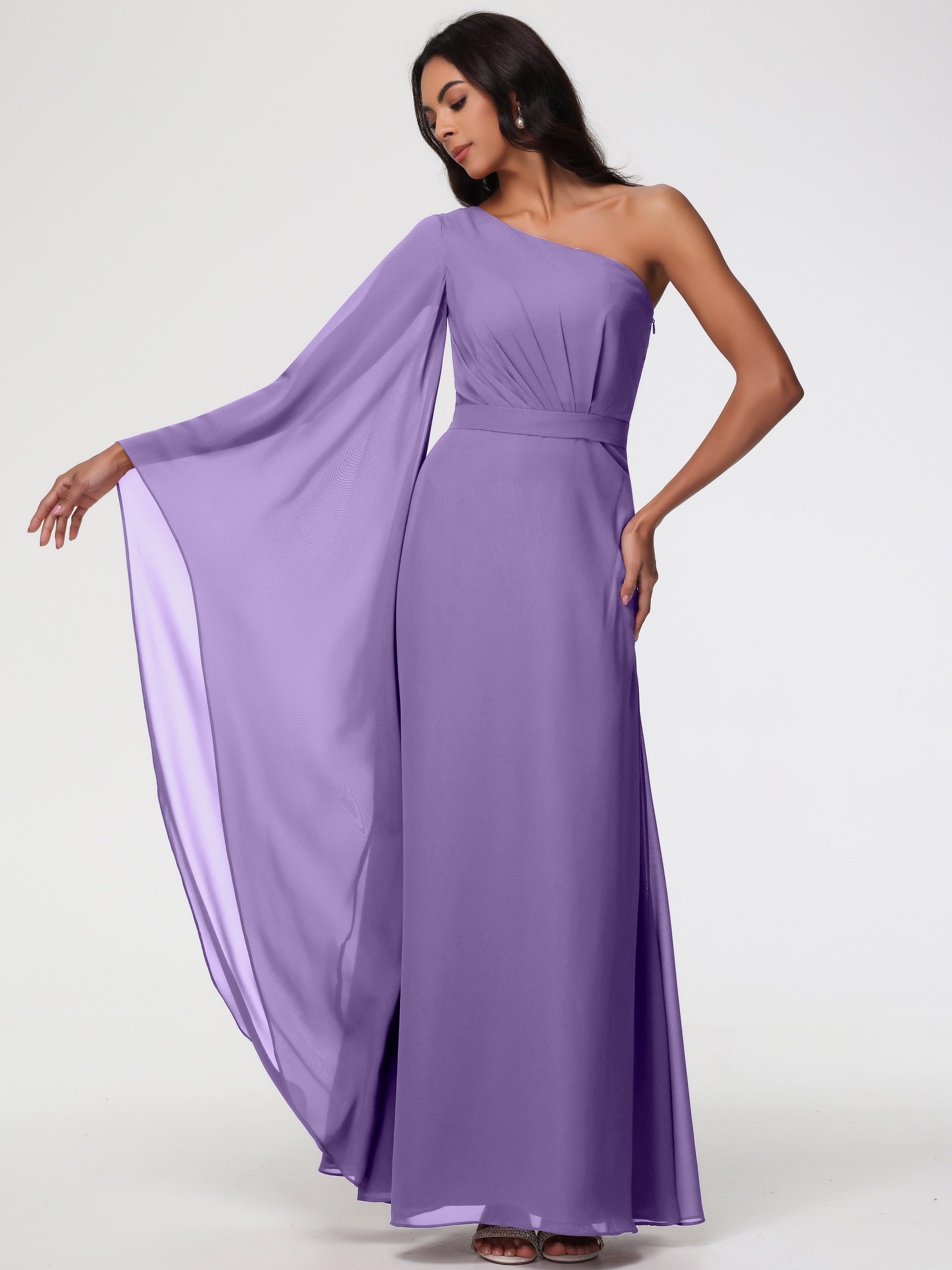 Robes De Demoiselle D'Honneur Tahiti Seule-Épaule Manches Asymétriques Mousseline Robe Demoiselle D'Honneur