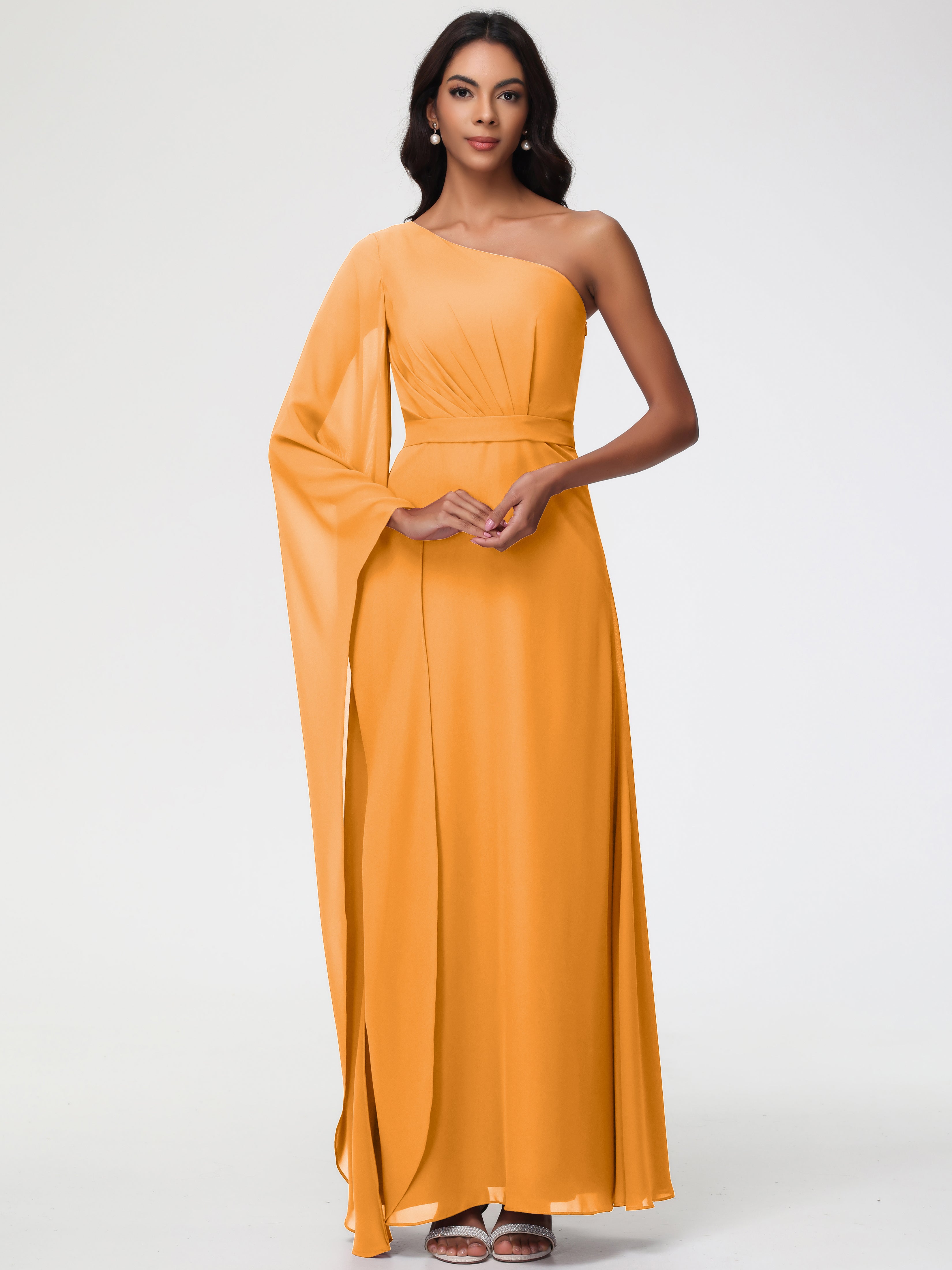 Robes De Demoiselle D'Honneur Mandarine Seule-Épaule Manches Asymétriques Mousseline Robe Demoiselle D'Honneur