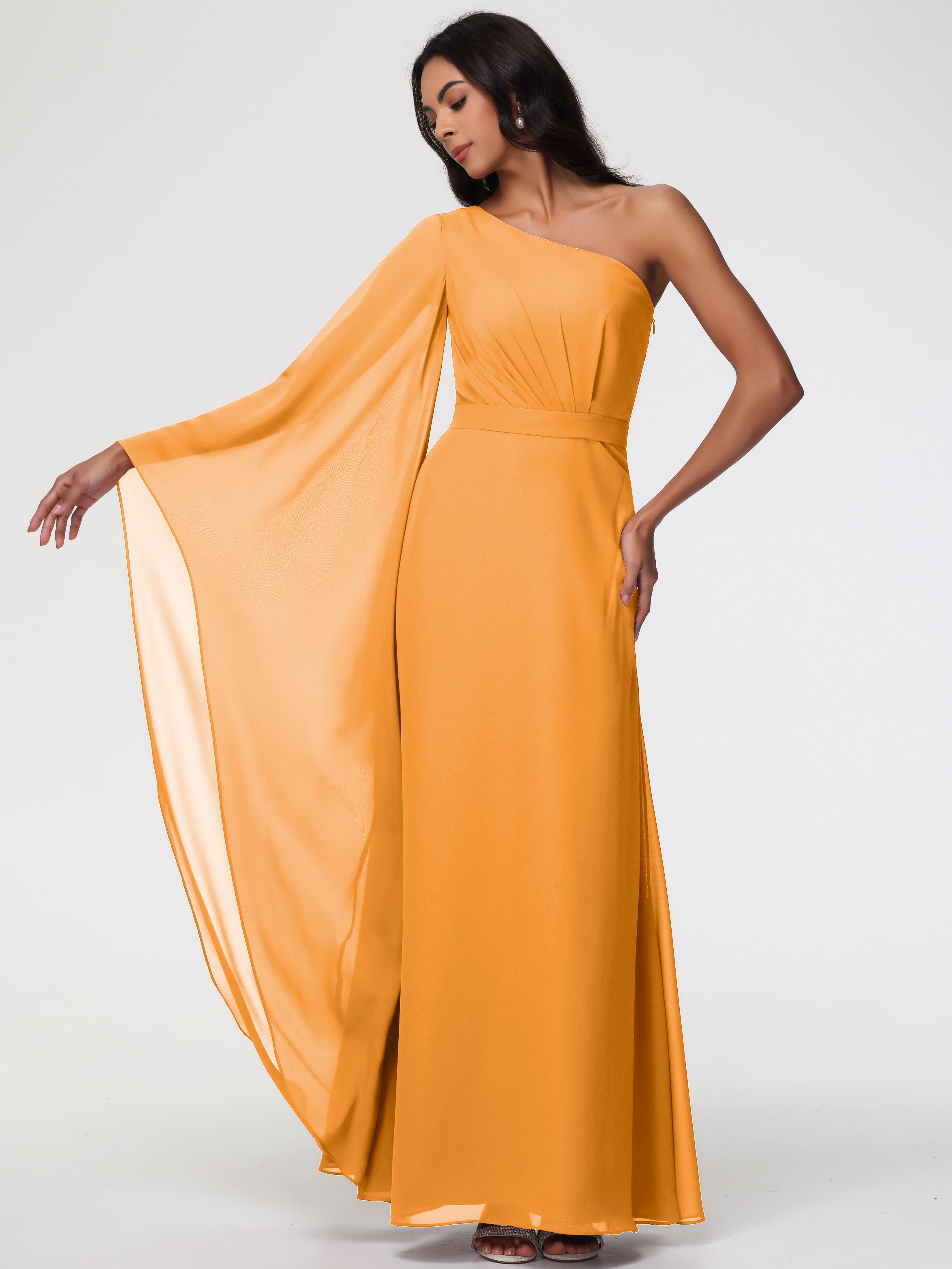 Robes De Demoiselle D'Honneur Mandarine Seule-Épaule Manches Asymétriques Mousseline Robe Demoiselle D'Honneur