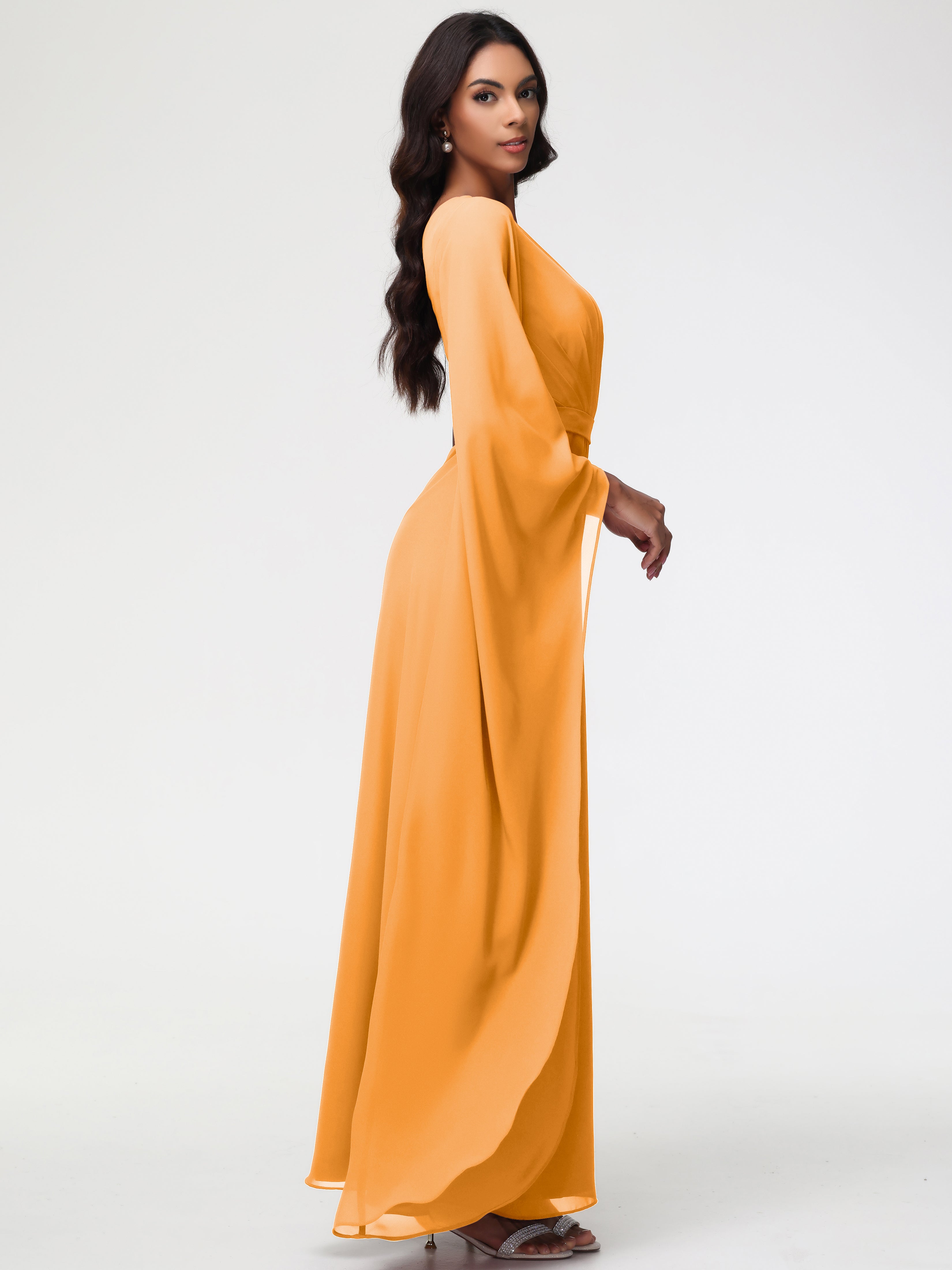Robes De Demoiselle D'Honneur Mandarine Seule-Épaule Manches Asymétriques Mousseline Robe Demoiselle D'Honneur