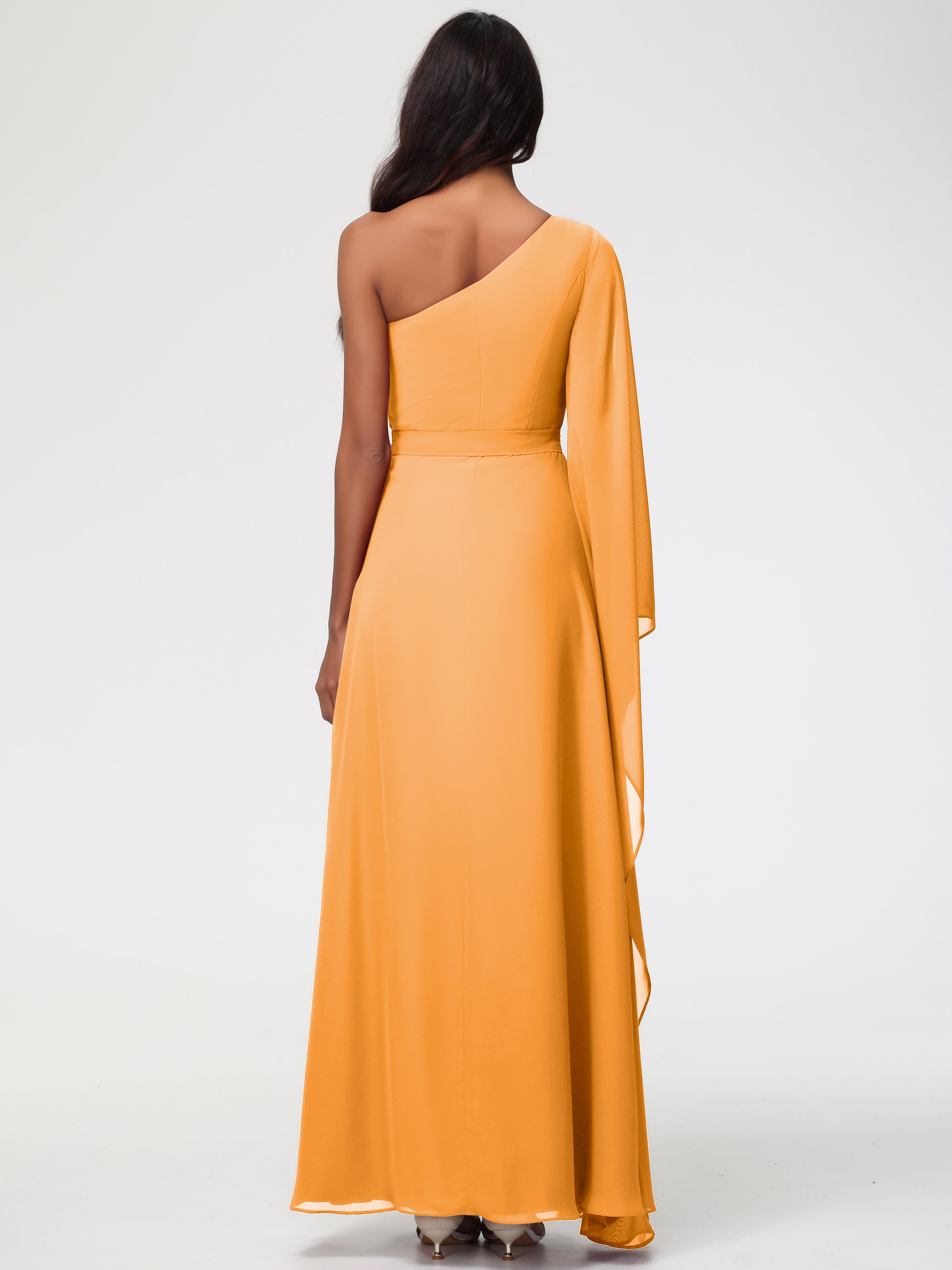 Robes De Demoiselle D'Honneur Mandarine Seule-Épaule Manches Asymétriques Mousseline Robe Demoiselle D'Honneur