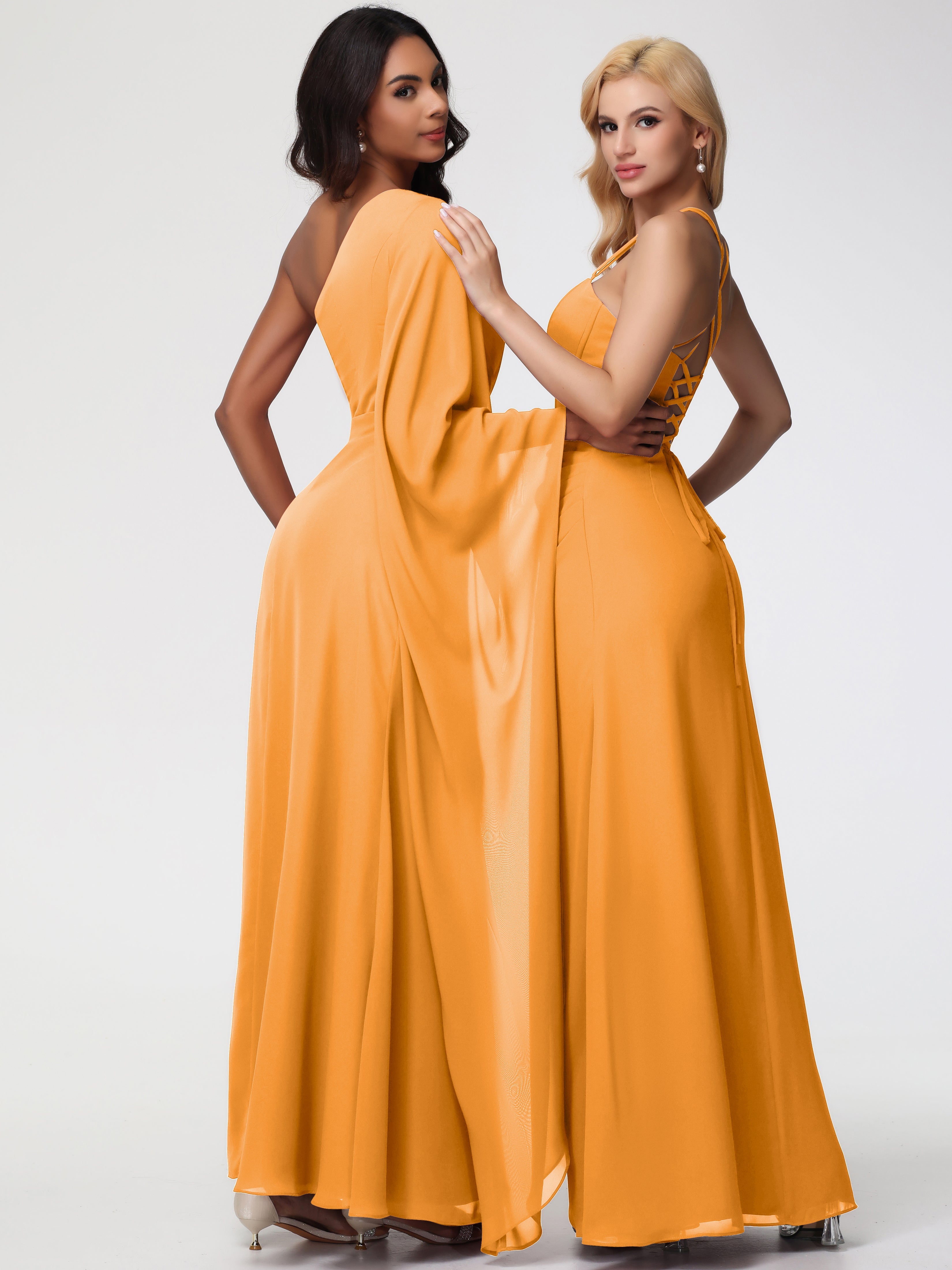 Robes De Demoiselle D'Honneur Mandarine Seule-Épaule Manches Asymétriques Mousseline Robe Demoiselle D'Honneur