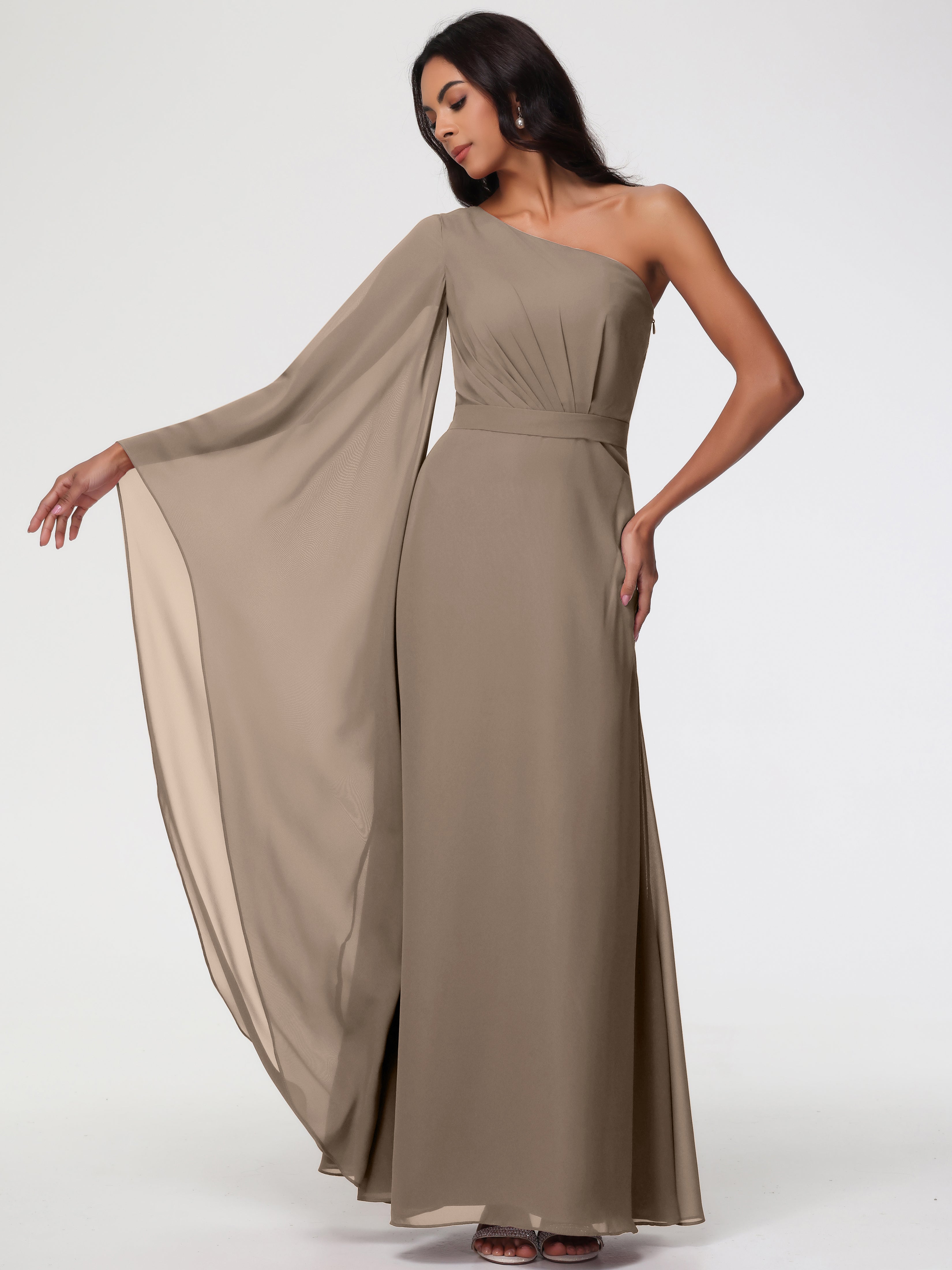 Robe Ceremonie Taupe Seule-Épaule Manches Asymétriques Mousseline Robe Demoiselle D'Honneur