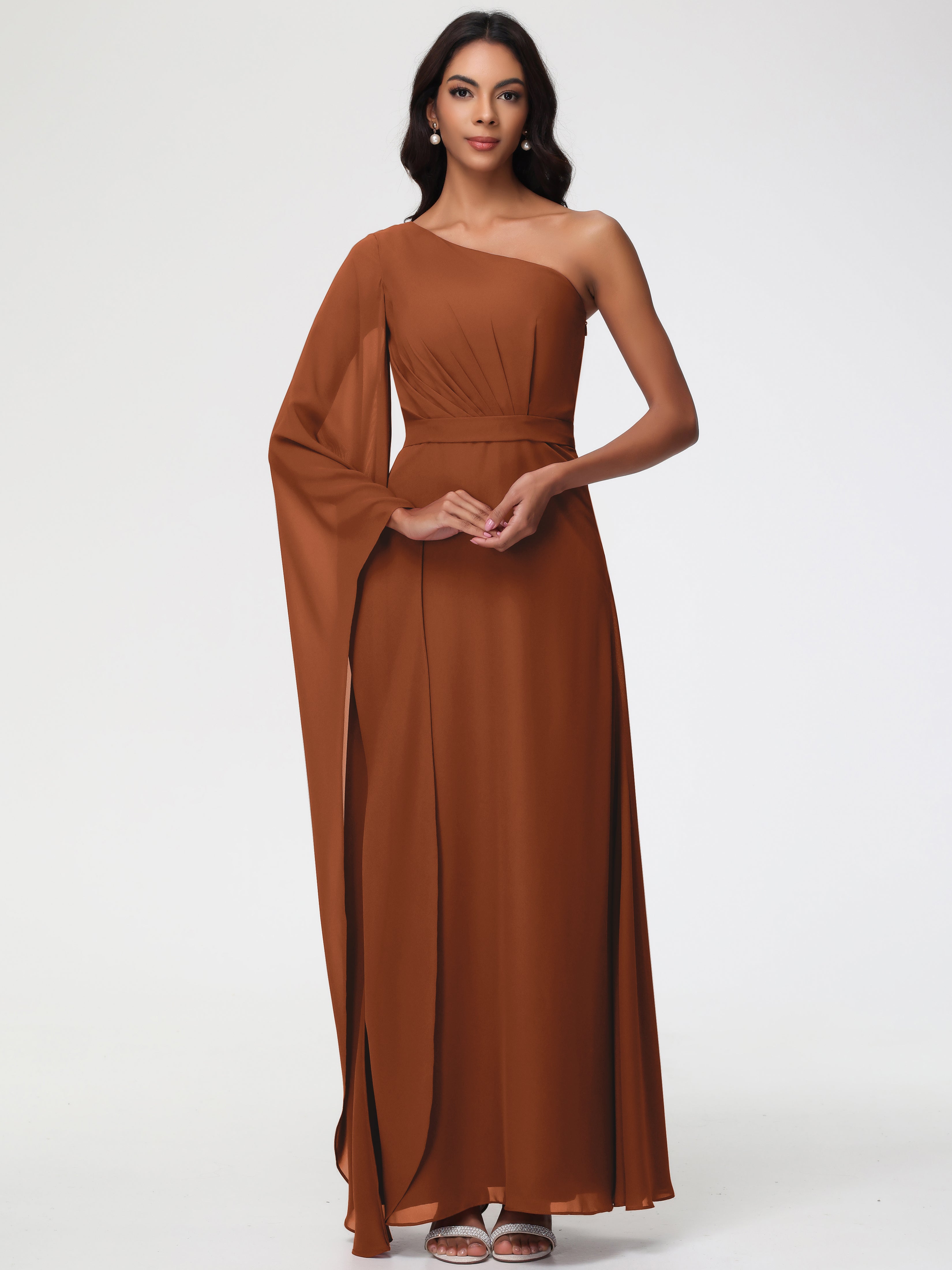 Robe Terracotta Demoiselle D Honneur Seule-Épaule Manches Asymétriques Mousseline Robe Demoiselle D'Honneur