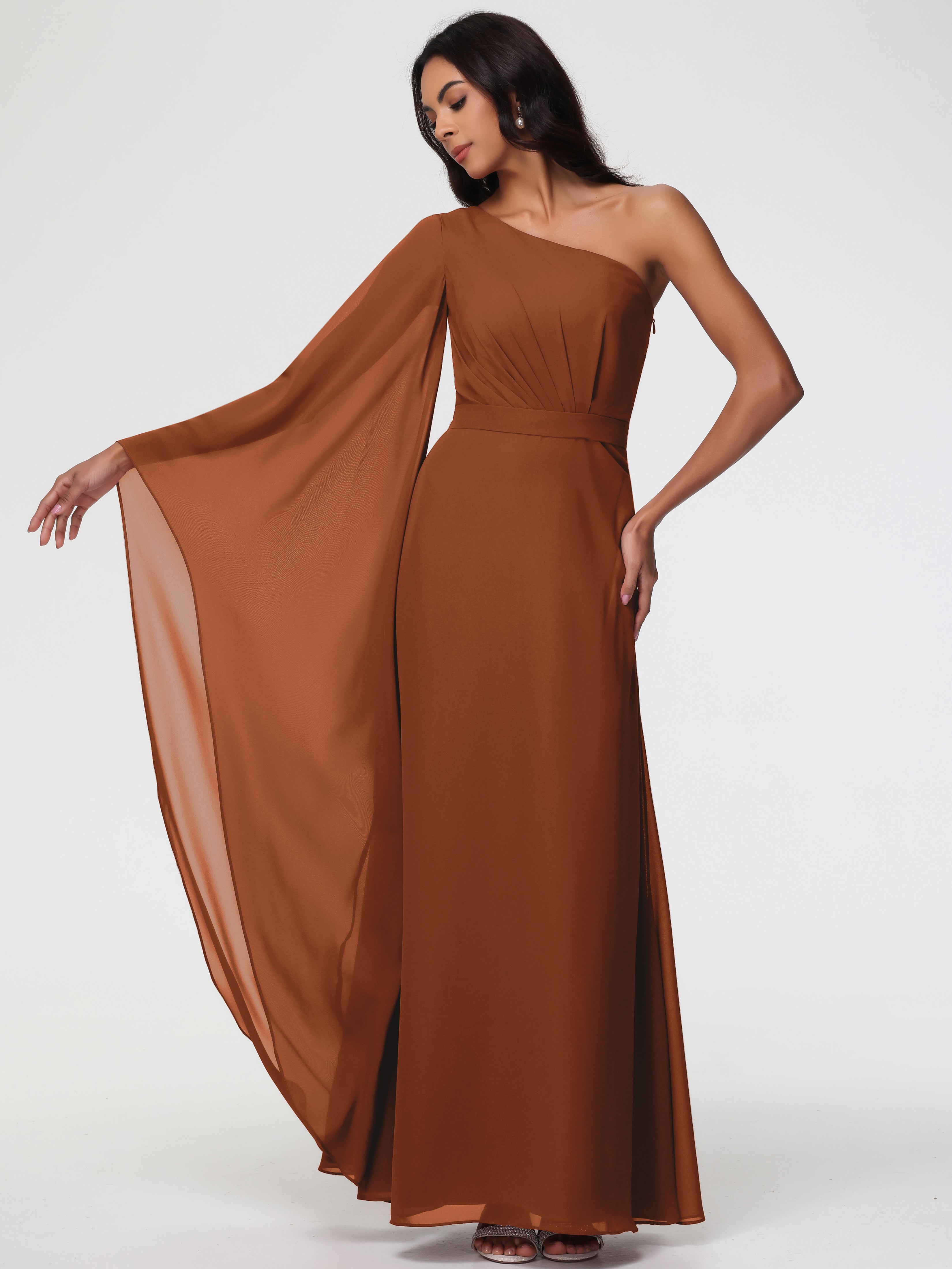 Robe Terracotta Demoiselle D Honneur Seule-Épaule Manches Asymétriques Mousseline Robe Demoiselle D'Honneur