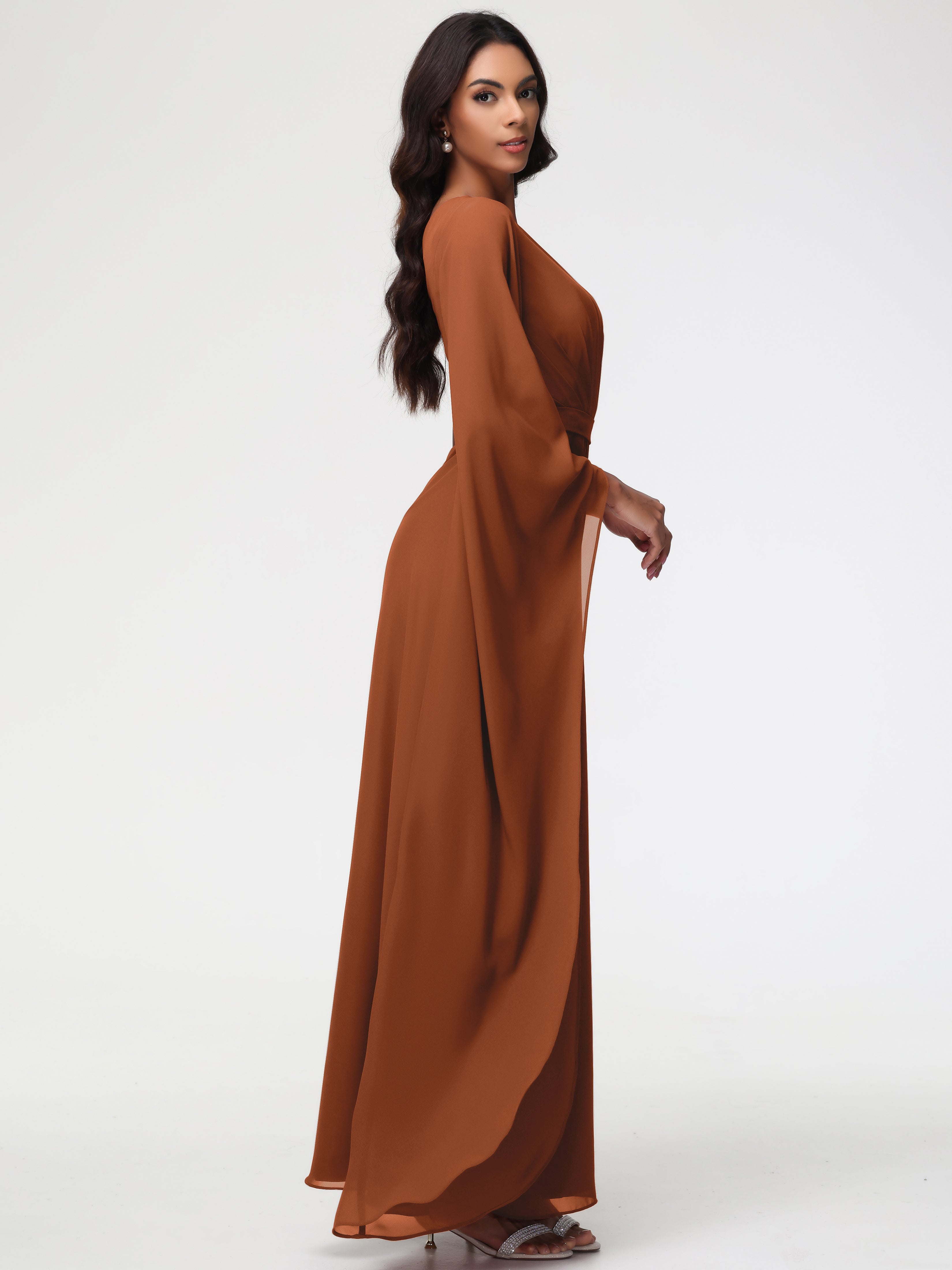 Robe Terracotta Demoiselle D Honneur Seule-Épaule Manches Asymétriques Mousseline Robe Demoiselle D'Honneur